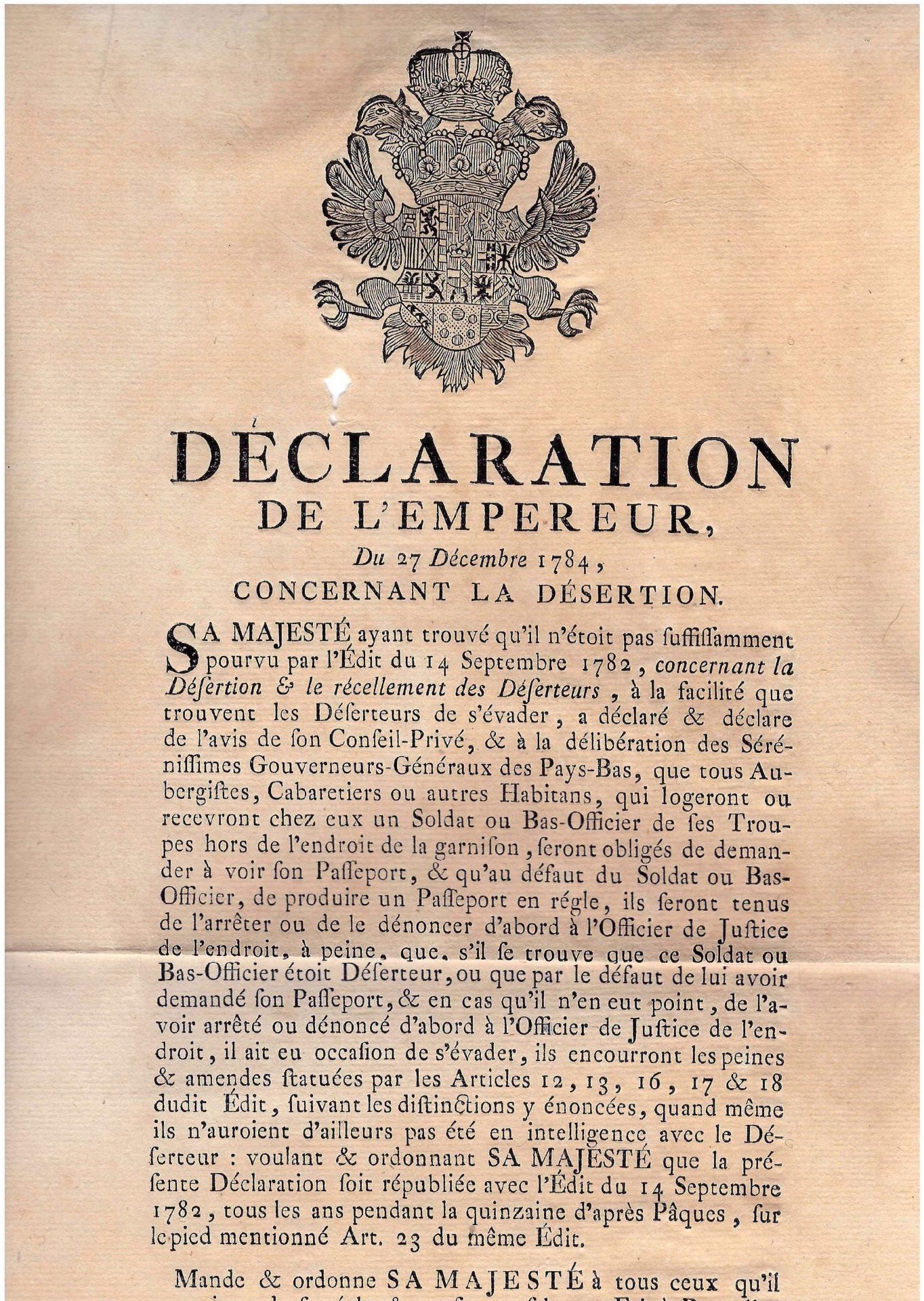 Placard de 1784 avec bel en-tête Impérial des Provinces Unies concernant la [...]