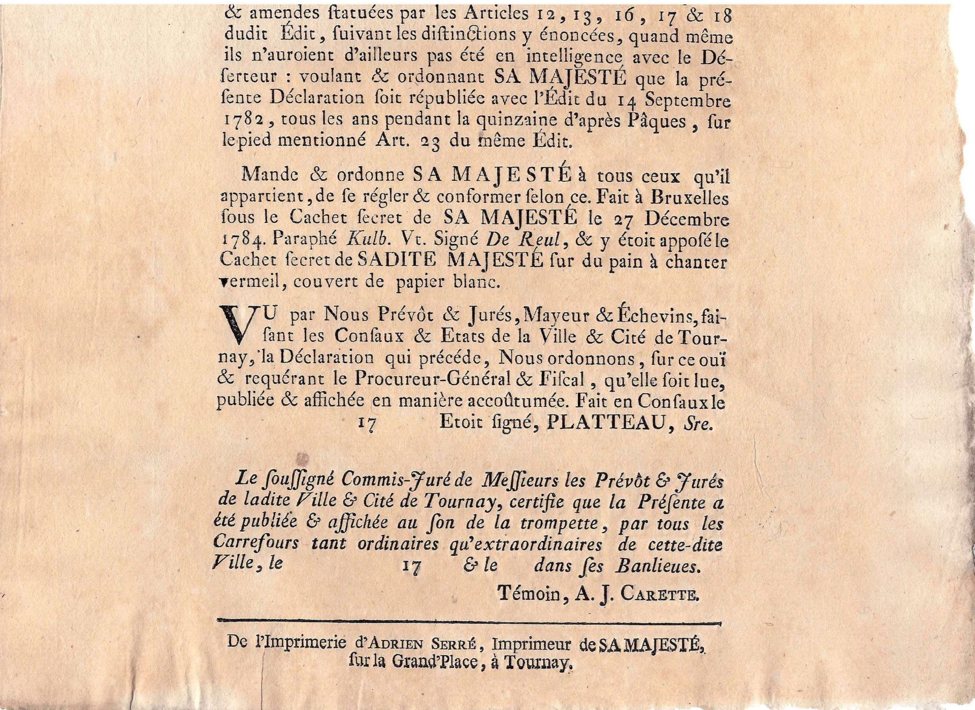 Placard de 1784 avec bel en-tête Impérial des Provinces Unies concernant la [...] - Bild 2 aus 2