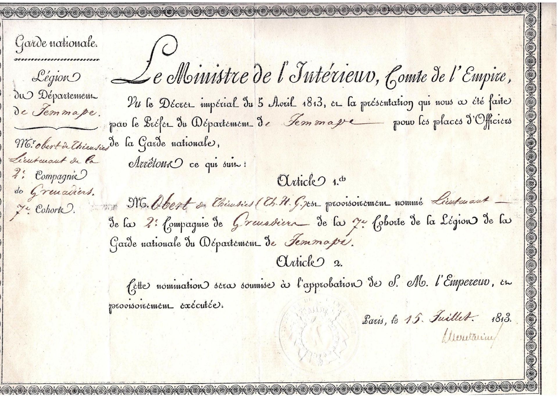 Diplôme de nomination provisoire au grade de Lieutenant de grenadier M. Obert de [...]