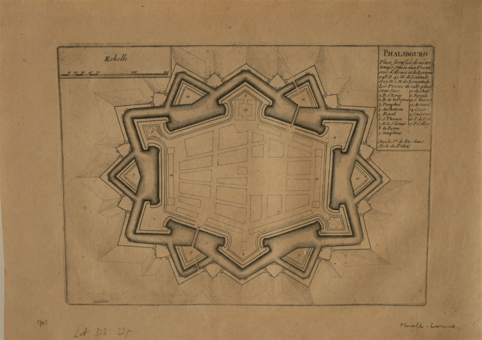 Plan de la place forte de PHALSBOURG par Nicolas de FER, 1705 - Dimensions : 27 x [...]