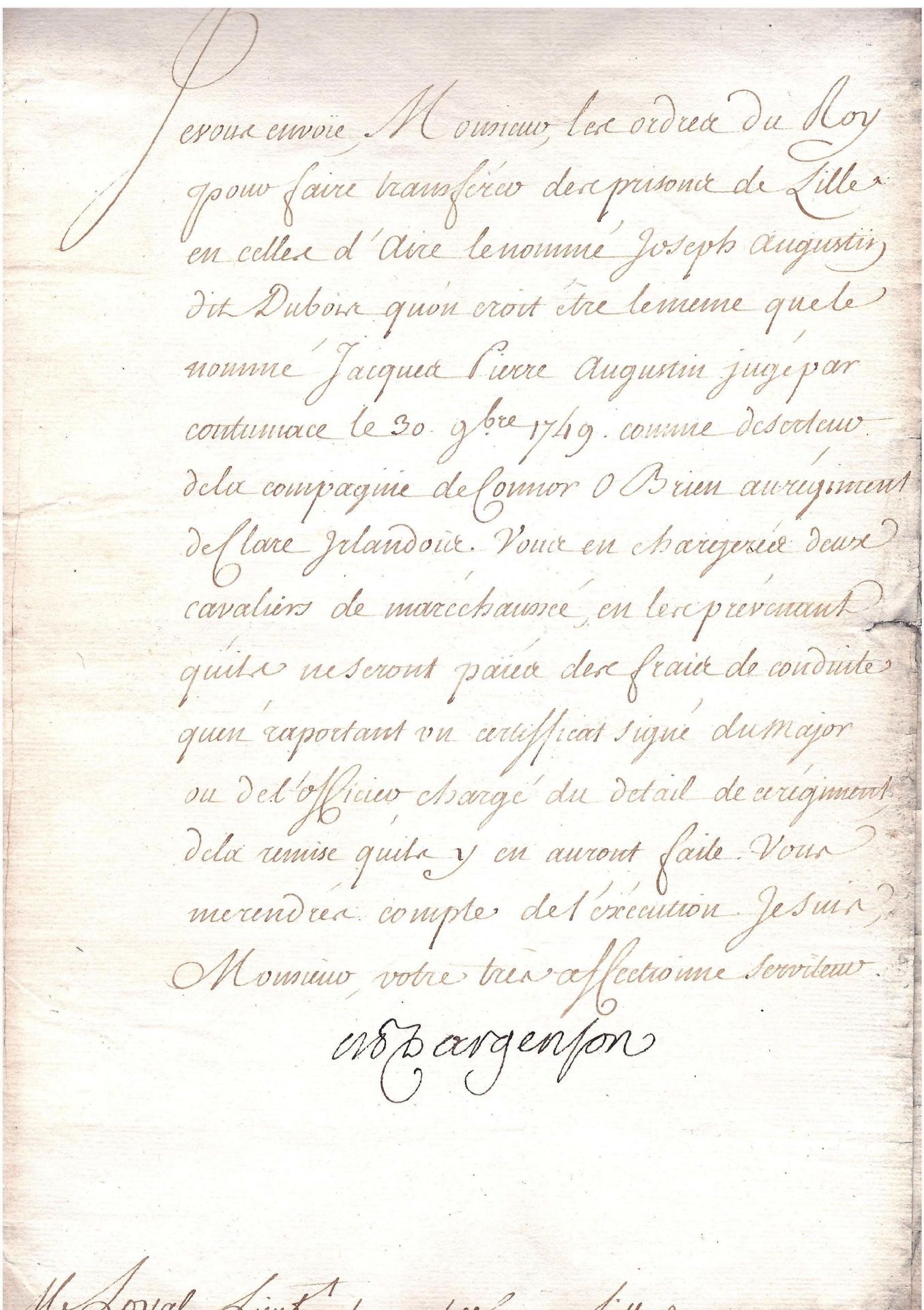 Demande de transfert d'un déserteur en 1749 signé du Marquis René Louis de Voyer [...]