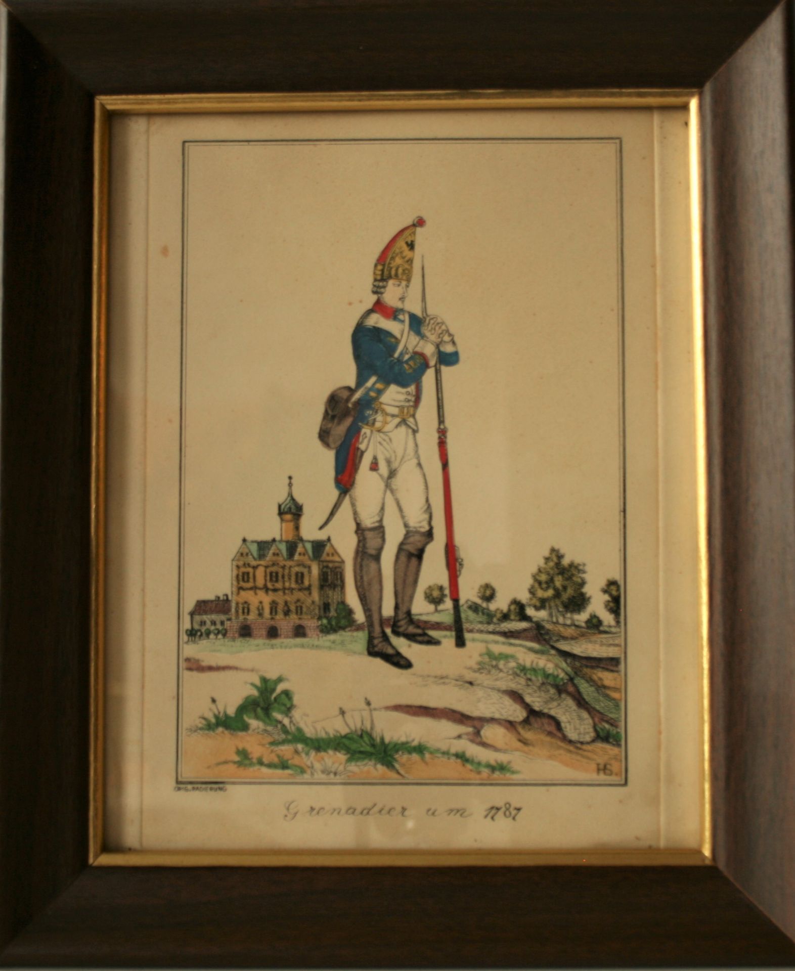 Gravure du XIXe siècle en couleurs d'un Grernadier en 1787 - Dimensions : 31,5 x [...]