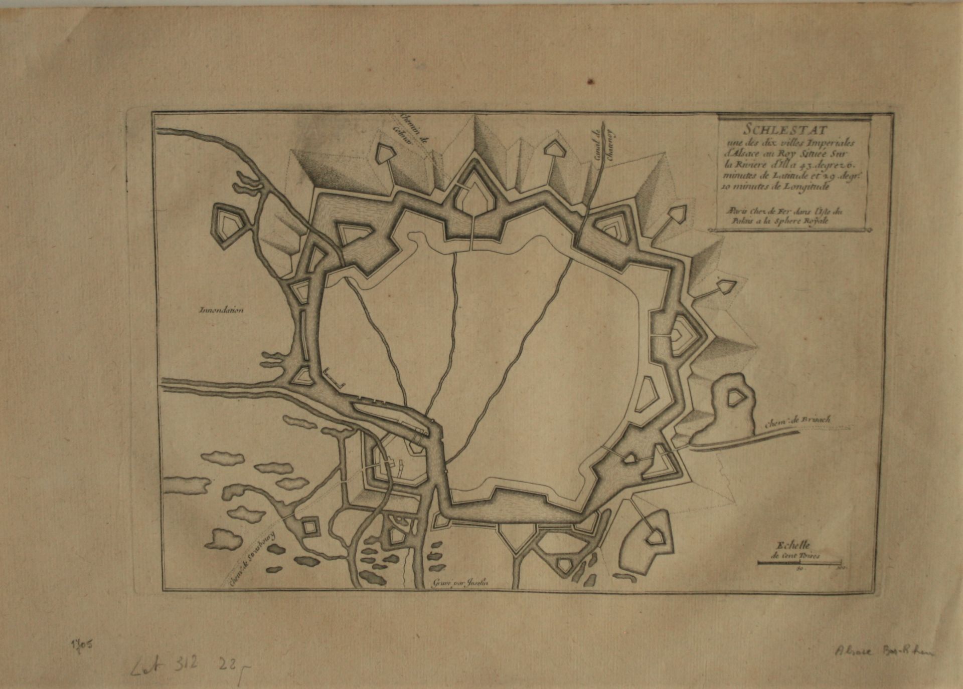 Plan de la place forte de SCHLESTAT (Sélestat) par Nicolas de FER, 1705 - Dimensions [...]