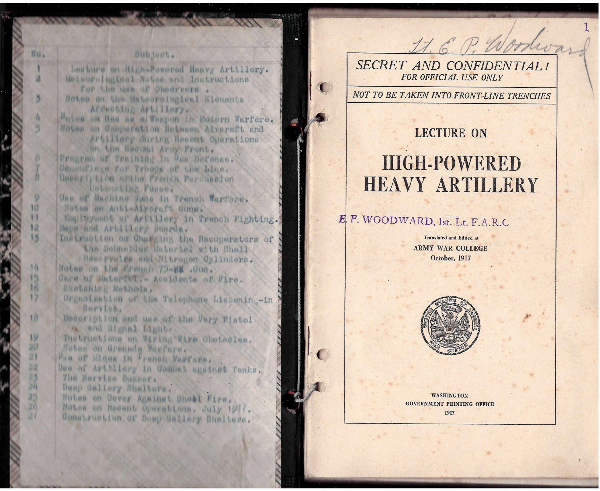 Ensemble de 21 fascicules de 1917 relatifs à la technique d'artillerie, reliés, du [...]