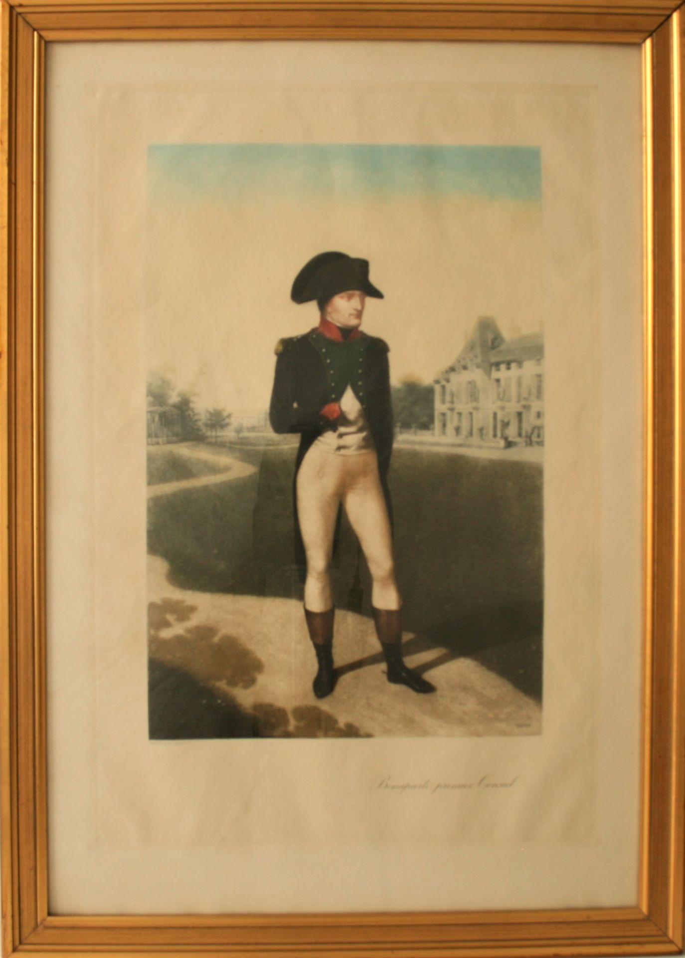 Gravure du XIXe siècle en couleurs De Bonaparte premier Consul devant la malmaison [...]