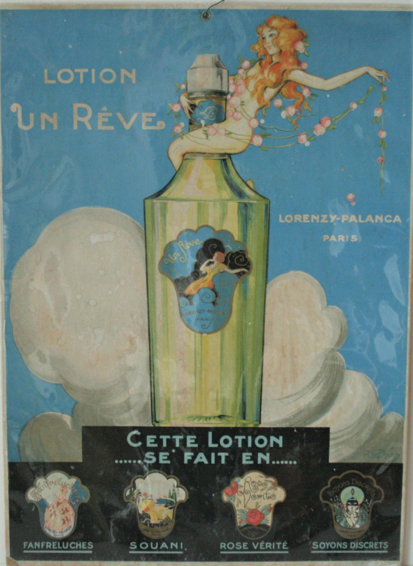 Publicité sur carton "Lotion Un Rêve Lorenzy-Palanca Paris", années 20/30, [...]