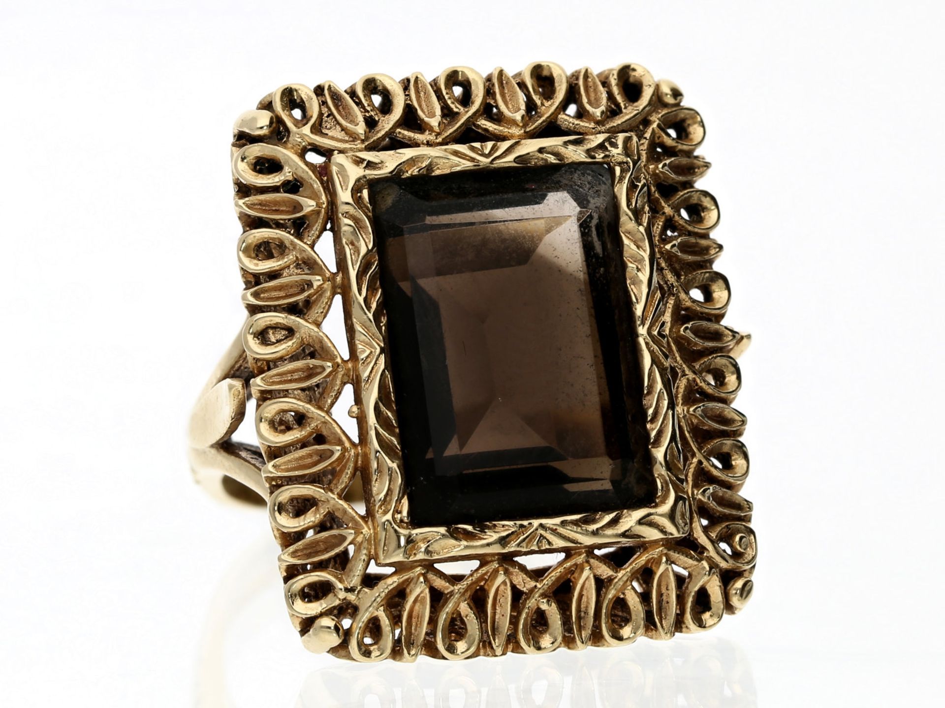 Ring: außergewöhnlicher, alter Goldschmiedering mit großem Rauchtopas, Handarbeit, 14K GoldCa. Ø18,