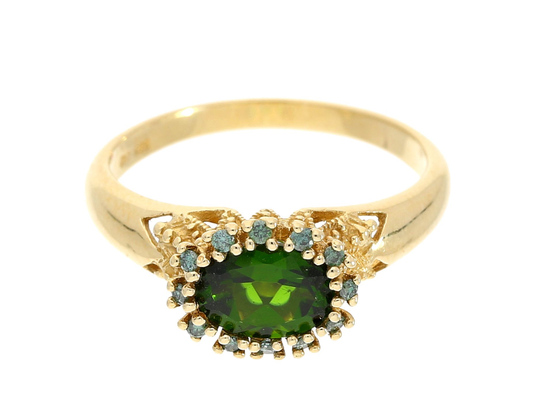Ring: feiner, schöner Goldschmiedering mit grünem Steinbesatz (verm. Turmalin) sowie blauen