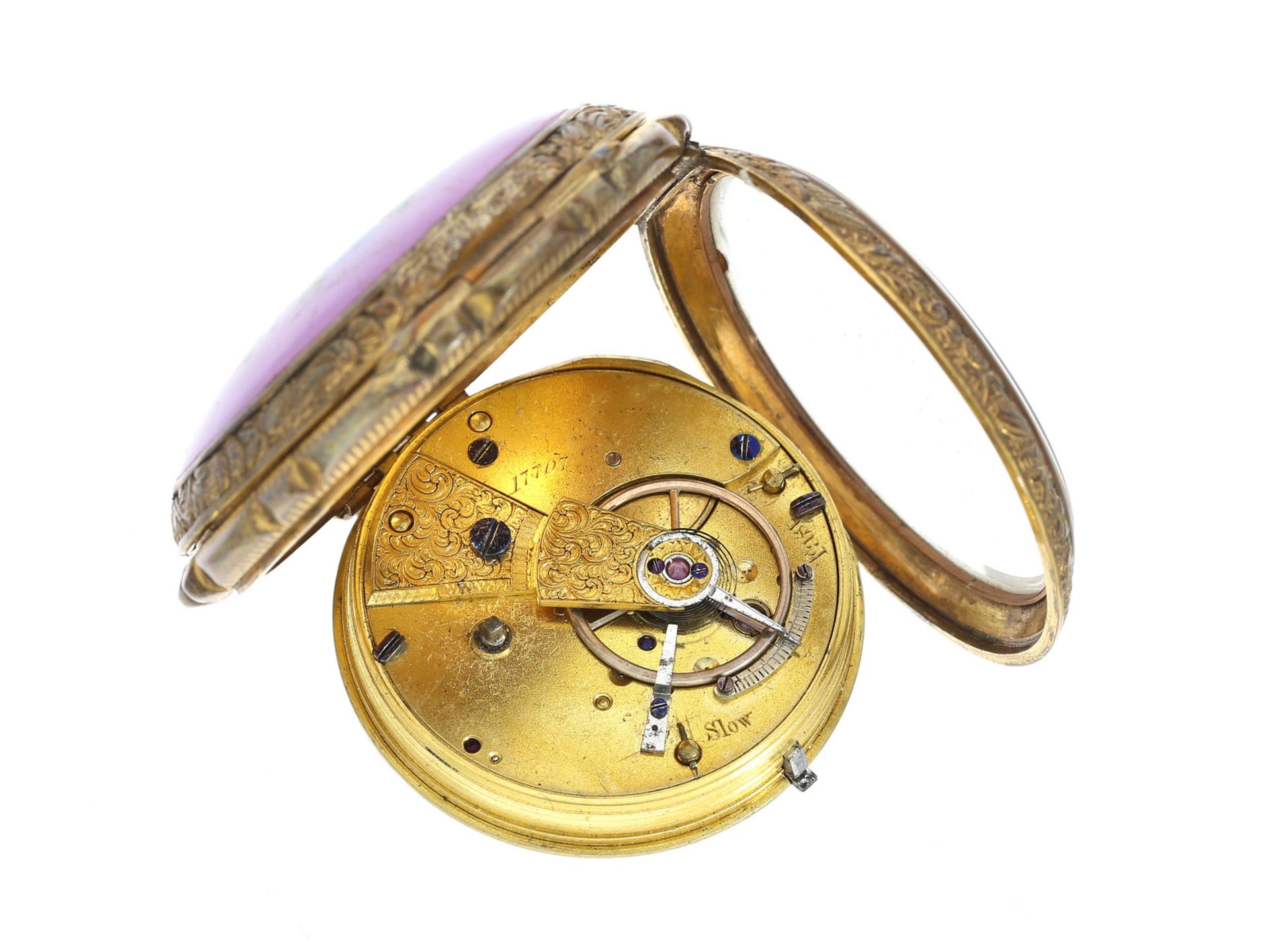 Taschenuhr: feine, seltene Emaille-Taschenuhr, England für den osmanischen Markt, ca. 1830Ca. Ø45mm, - Bild 3 aus 3