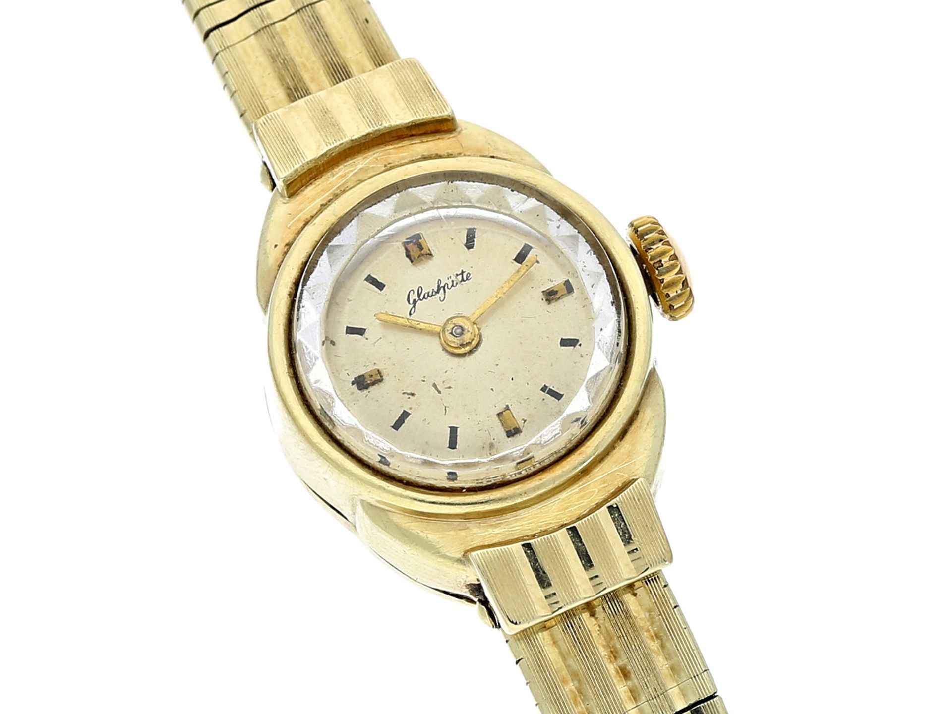 Armbanduhr: seltene goldene vintage Damenuhr, Glashütte um 1950Ca. 17cm lang, durch die flexible