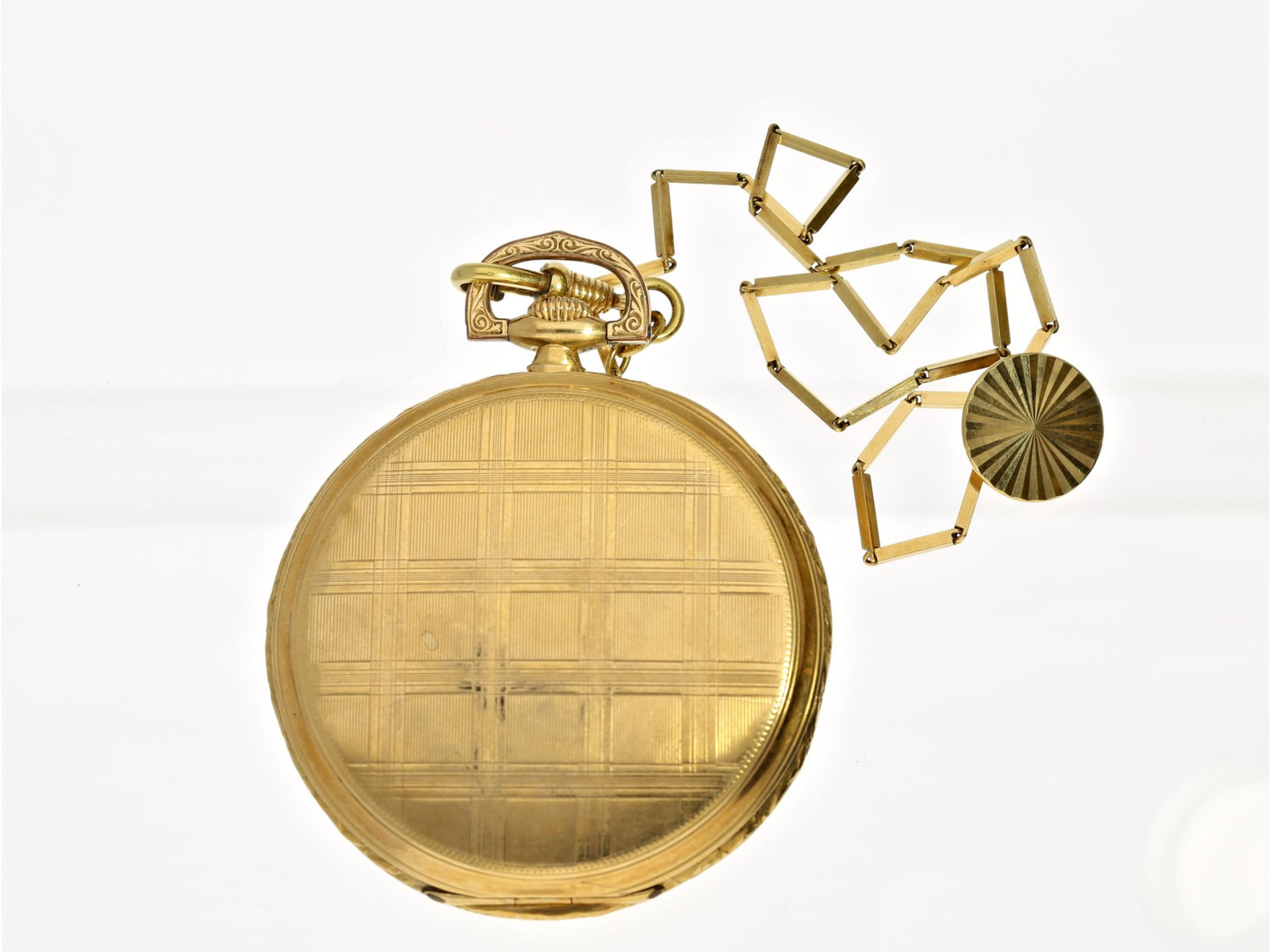 Frackuhr: goldene Omega Frackuhr, um 1920, mit dazugehöriger FrackuhrenketteCa. Ø49,5mm, 18K Gold, - Bild 3 aus 3