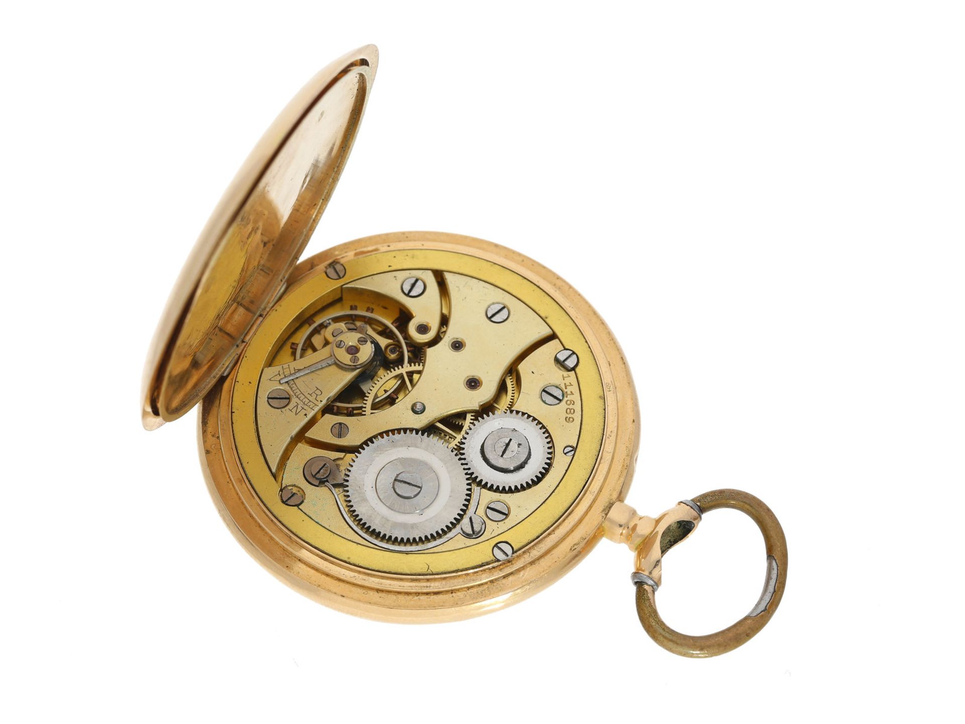 Taschenuhr: schwere Goldsavonnette, um 1910Ca. Ø55mm, ca. 100g, 14K Gold, alle 3 Deckel aus Gold, - Bild 2 aus 2