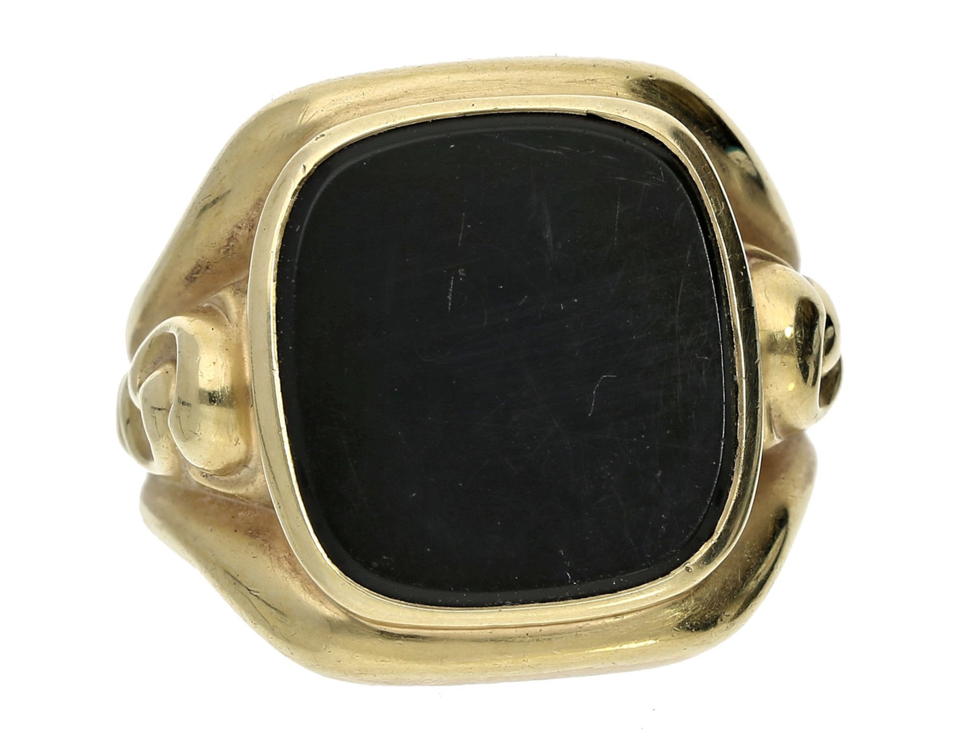 Ring: breiter, dekorativer Herrenring mit großer OnyxplatteCa. Ø19,5mm, RG61, ca. 9,3g, 14K Gold, - Bild 2 aus 2