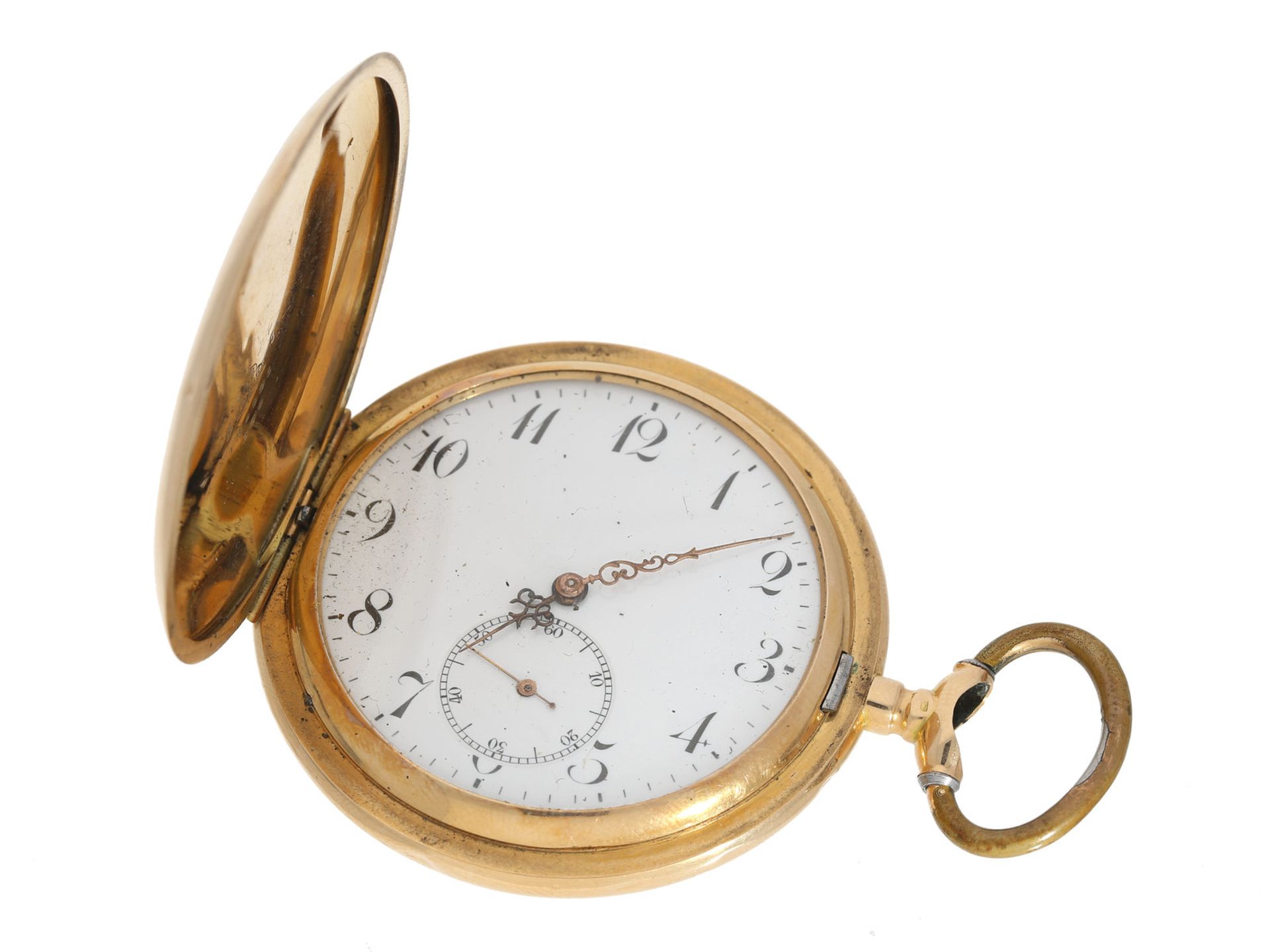 Taschenuhr: schwere Goldsavonnette, um 1910Ca. Ø55mm, ca. 100g, 14K Gold, alle 3 Deckel aus Gold,