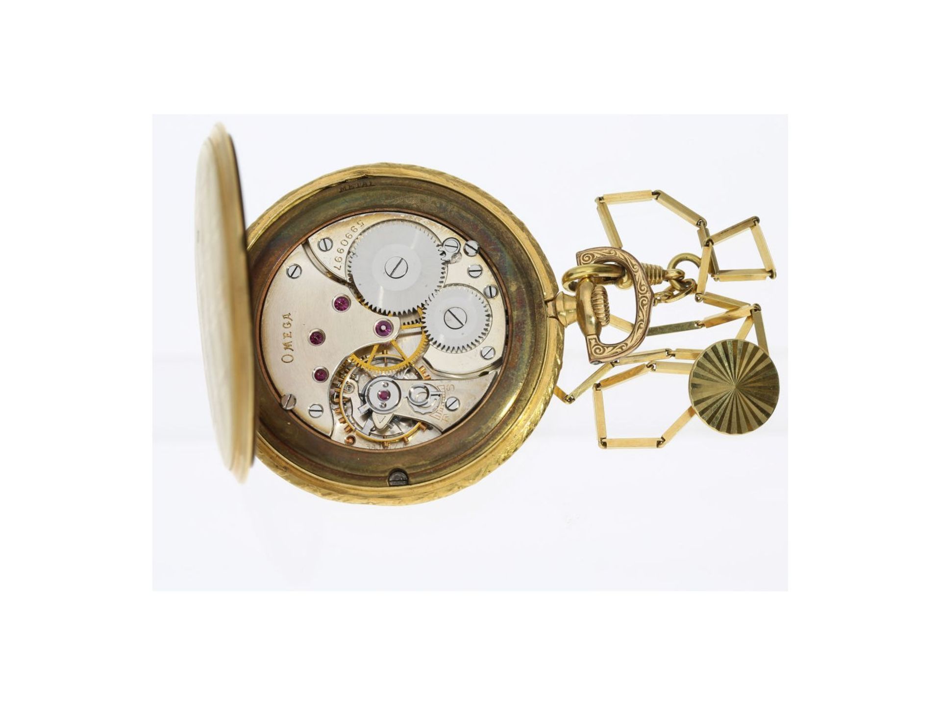 Frackuhr: goldene Omega Frackuhr, um 1920, mit dazugehöriger FrackuhrenketteCa. Ø49,5mm, 18K Gold, - Bild 2 aus 3