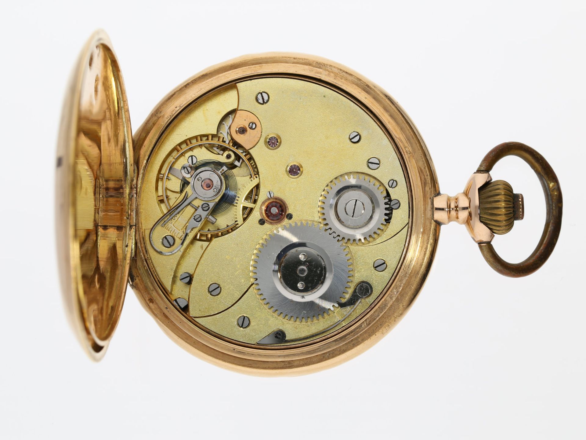 Taschenuhr: rotgoldene Savonnette, um 1900, System GlashütteCa. Ø52mm, ca. 87g, 14K Gold, alle 3 - Bild 2 aus 3