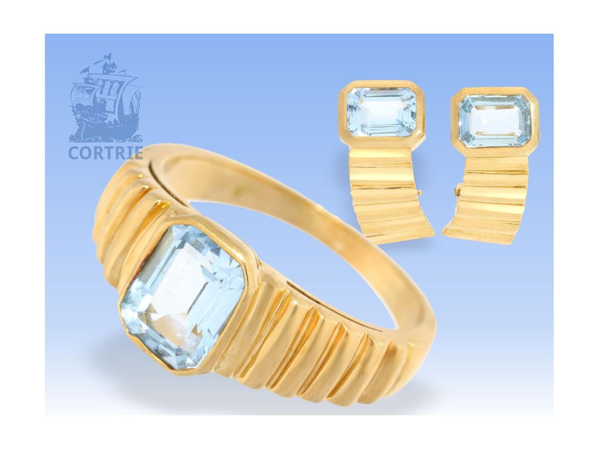 Ohrclips/Ring: klassisches, handgearbeitetes vintage Schmuckset mit blauen Farbsteinen1. Ring ca.