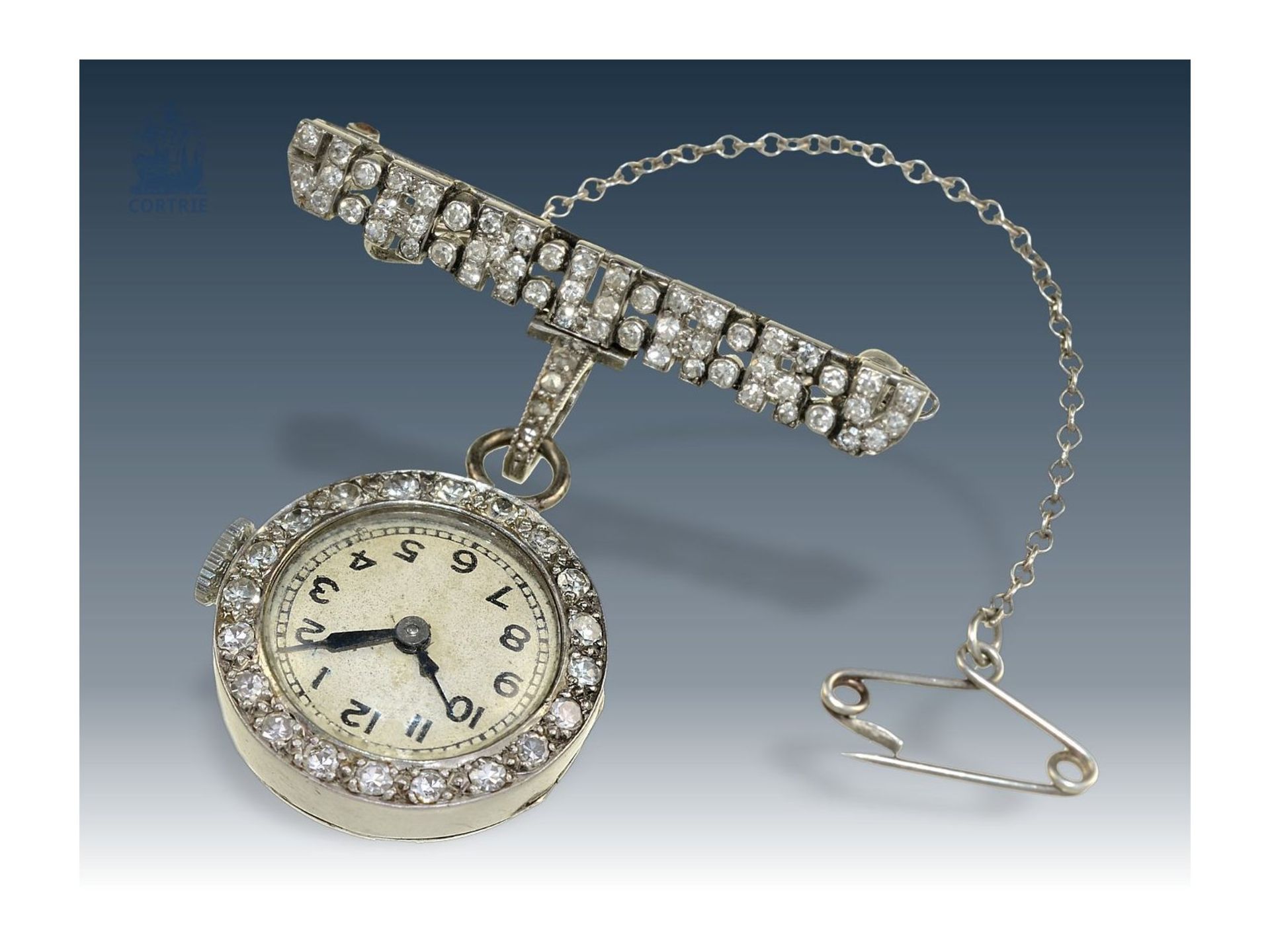 Anhängeuhr/Broschenuhr: seltene und hochfeine Art déco Diamant-Uhr mit Platingehäuse und Brosche - Bild 4 aus 4