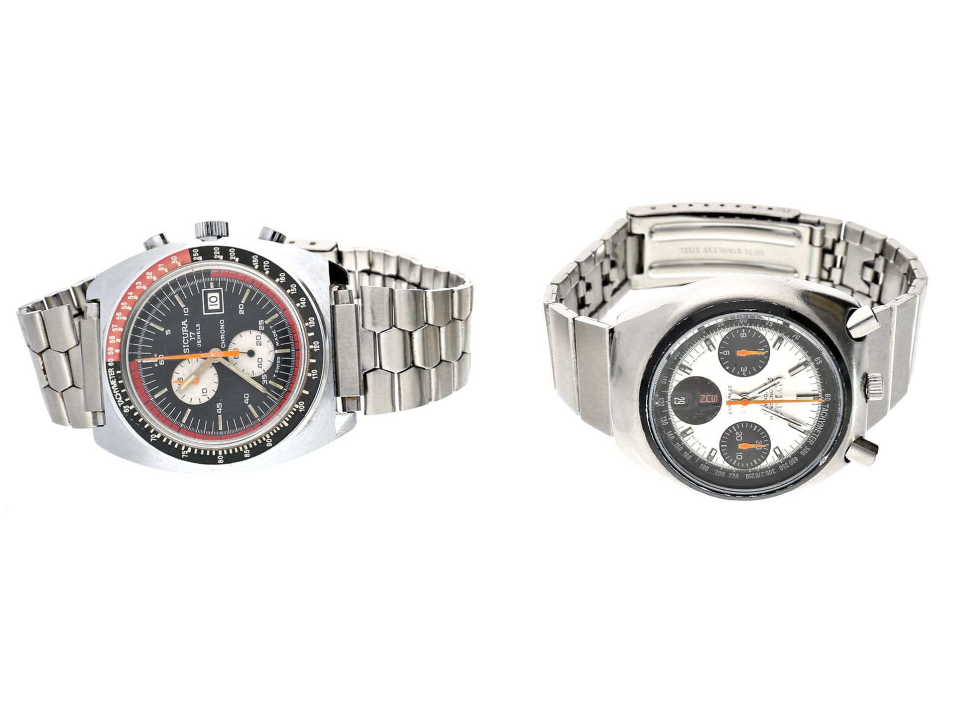 Armbanduhr: 2 seltene vintage Edelstahl-Chronographen der Marken "Sicura und Citizen"1. oversize