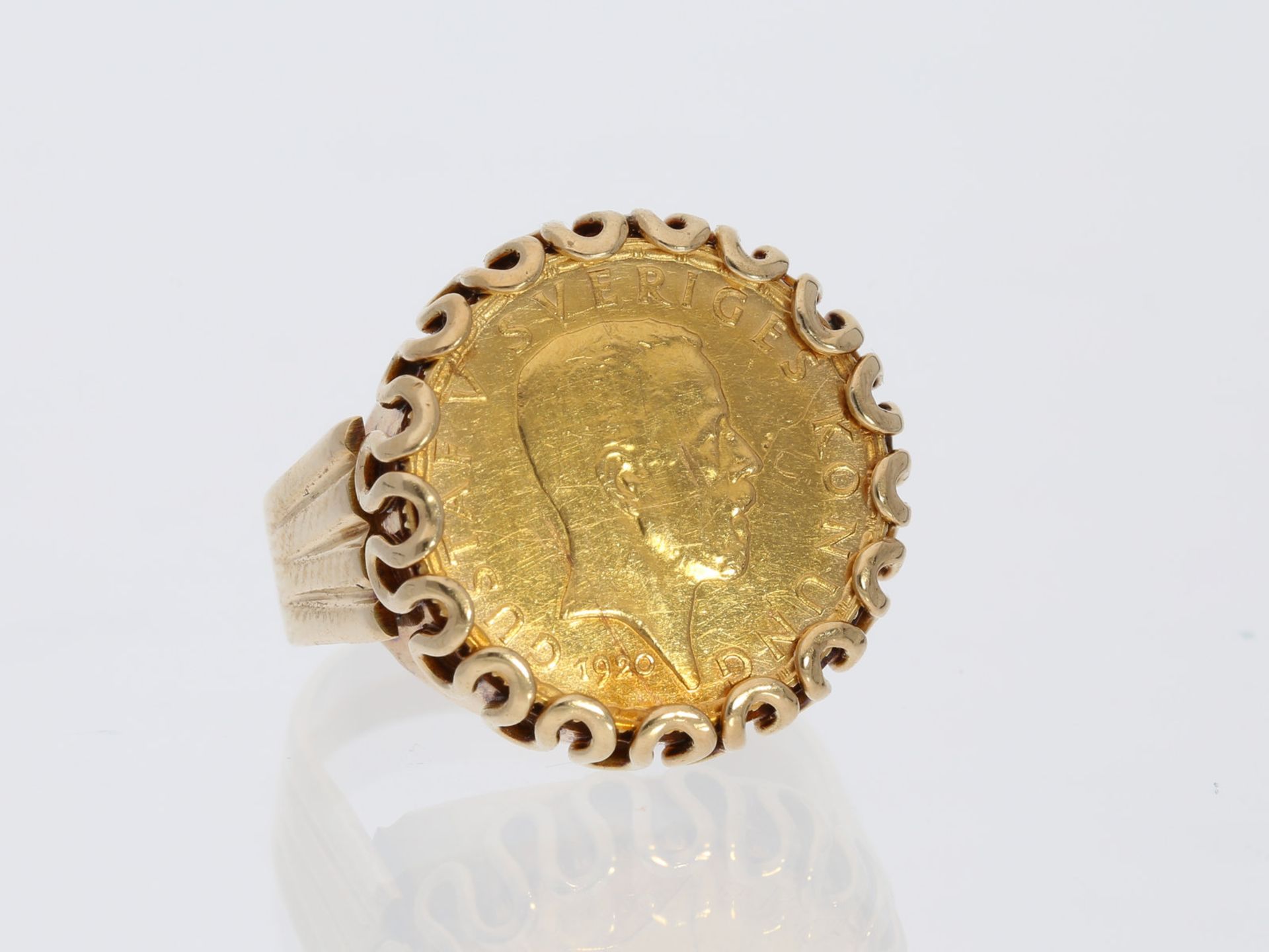 Ring: Damen-Münzring, vintage Goldschmiedearbeit, Gustaf V., 5 Kronor 1920Ca. Ø17mm, RG54, ca. 8,3g,