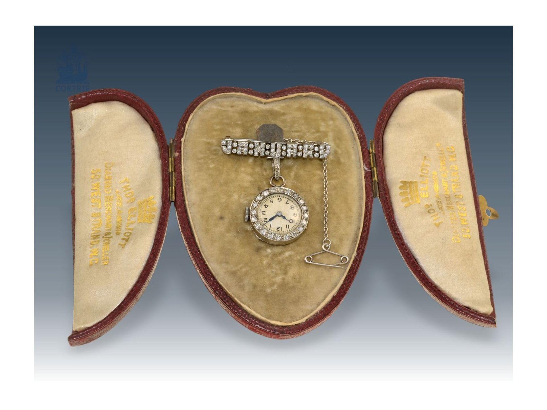 Anhängeuhr/Broschenuhr: seltene und hochfeine Art déco Diamant-Uhr mit Platingehäuse und Brosche - Bild 3 aus 4