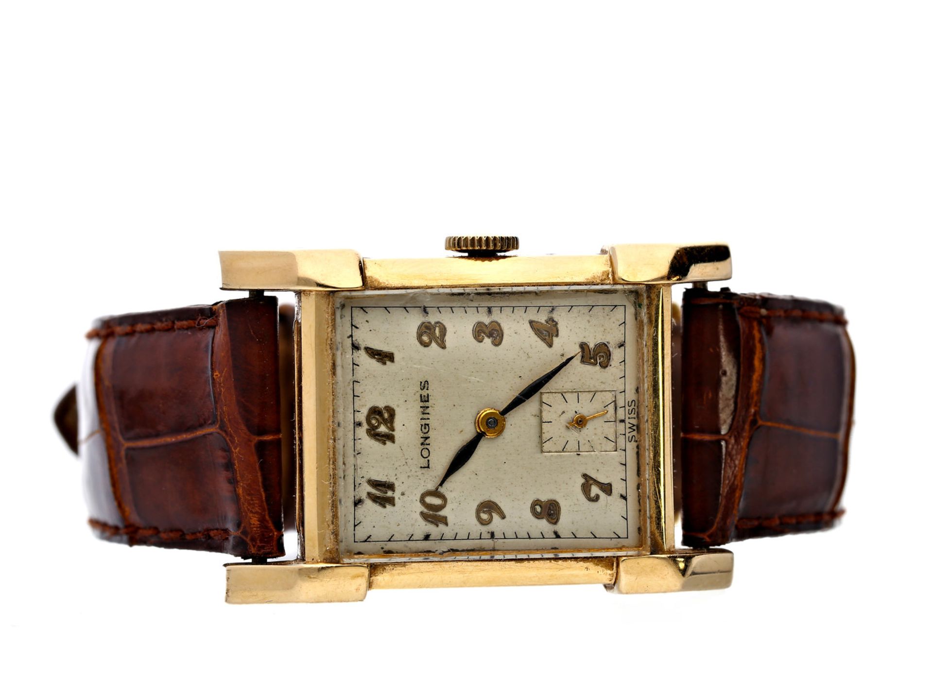 Armbanduhr: ausgefallene und seltene Longines Herrenuhr im hochwertigen 14K Goldgehäuse, ca. 1947Ca.