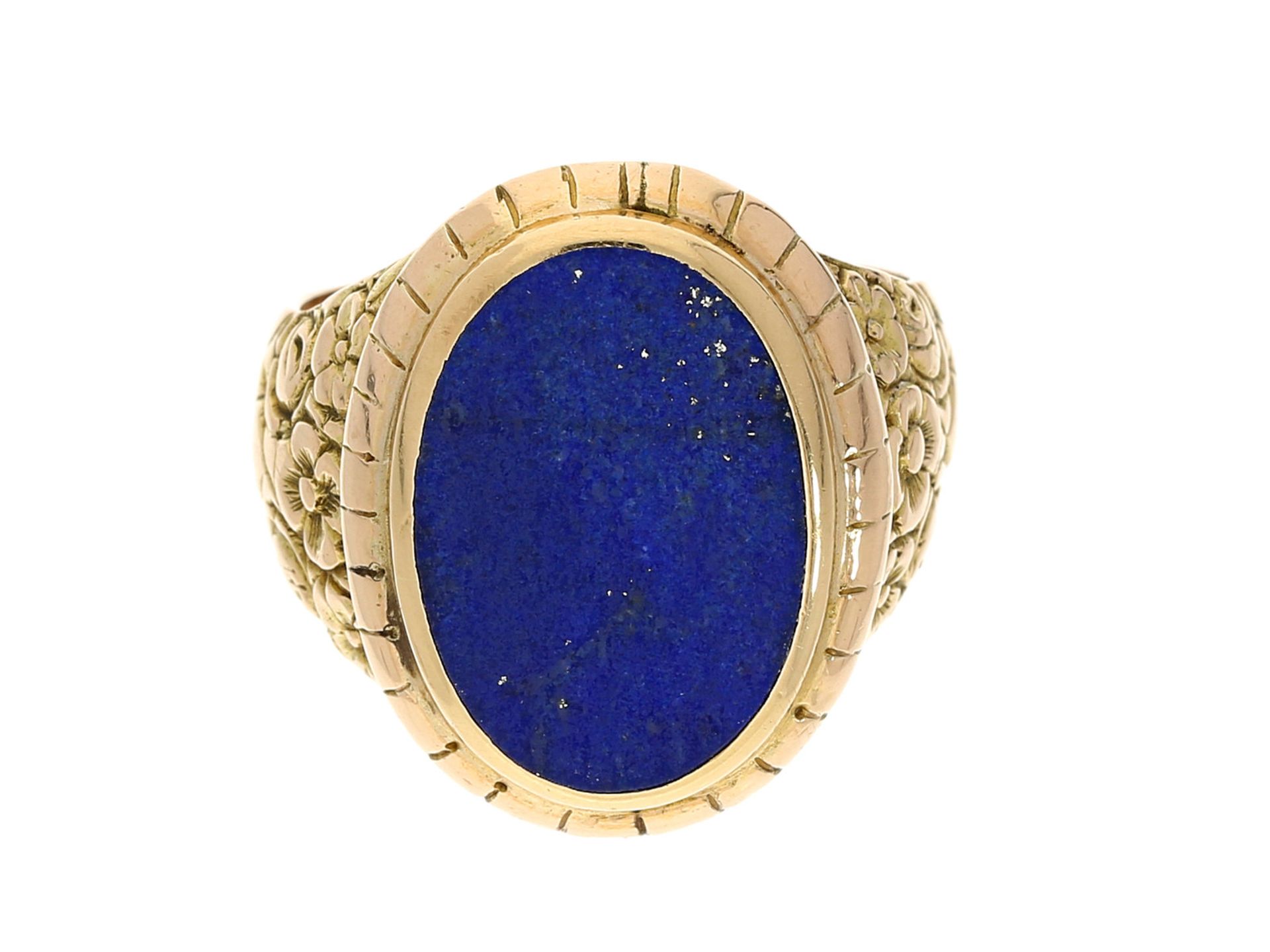 Ring: sehr dekorativer Goldschmiedering mit Lapislazuli, 14K GoldCa. Ø20,5mm, RG64, ca. 16,5g, 14K