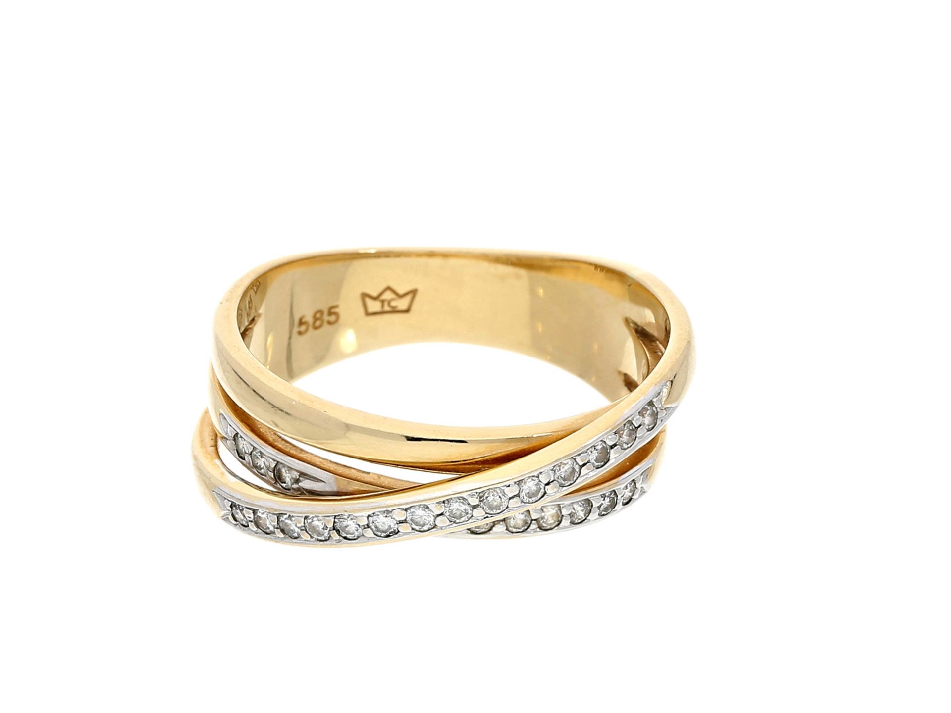 Ring: außergewöhnlicher Brillantring im Overcross-DesignCa. Ø18mm, RG56, ca. 5,6g, 14K Gold, ca. 7,