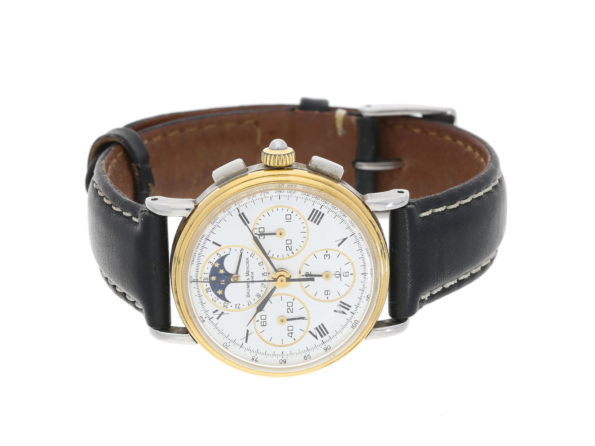 Armbanduhr: seltener vintage Chronograph mit Kalender und Mondphase, Baume & Mercier, 80er