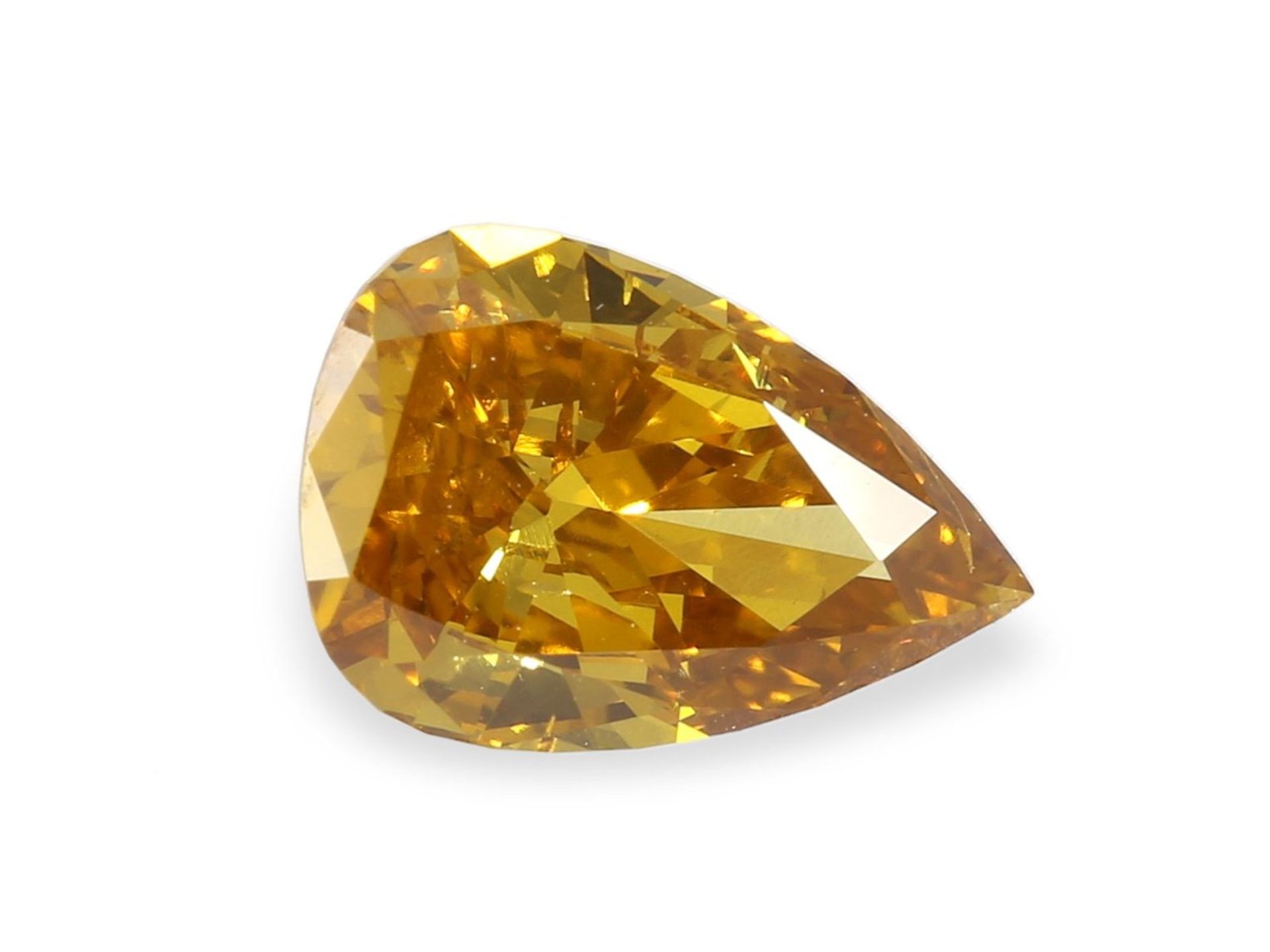Diamant: tropfenförmiger fancy Diamant von 0,48ct und von äußerst rarer oranger Farbe und sehr guter