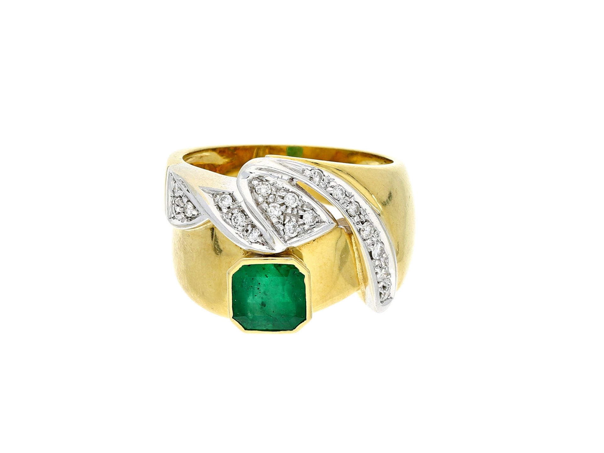 Ring: ausgefallener vintage Smaragd/Brillant-Designer-Goldschmiedering, teure italienische