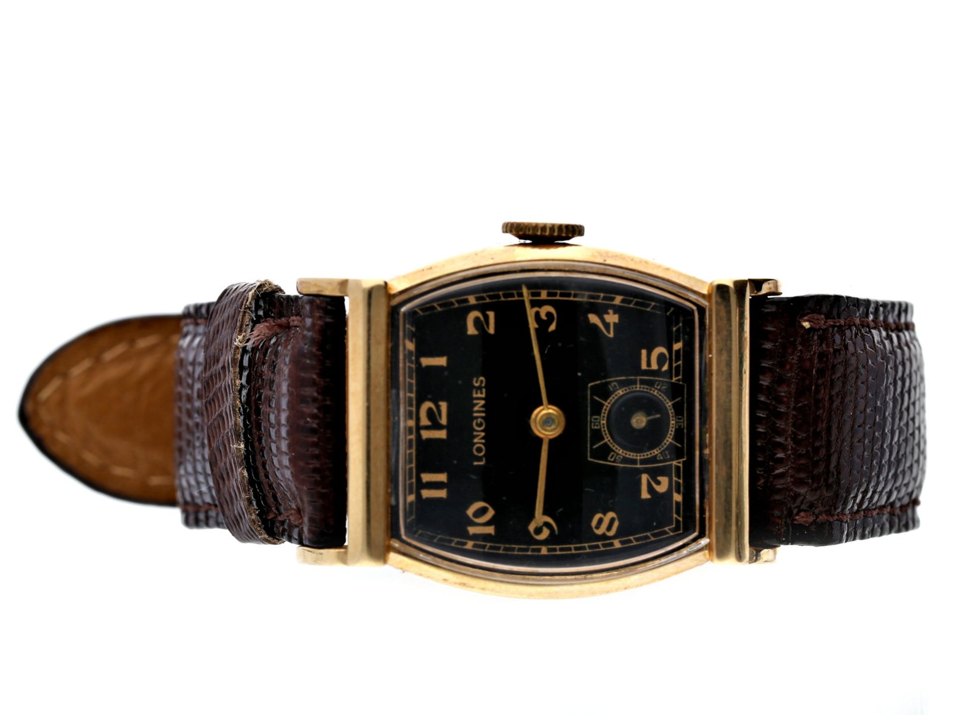 Armbanduhr: ausgesprochen schöne und seltene Longines Herrenuhr "Tonneau" von 1947, 14K GoldCa. 25 ×