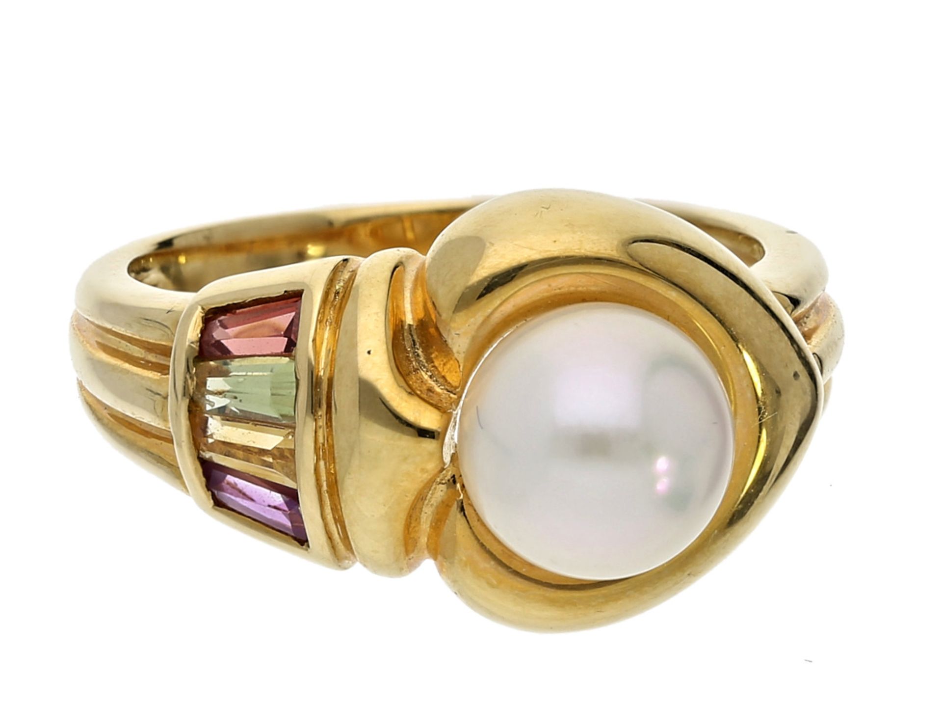 Ring: ausgesprochen schöner Goldschmiedering mit Perle und FarbsteinenCa. Ø17mm, RG54, ca. 6,1g, 18K