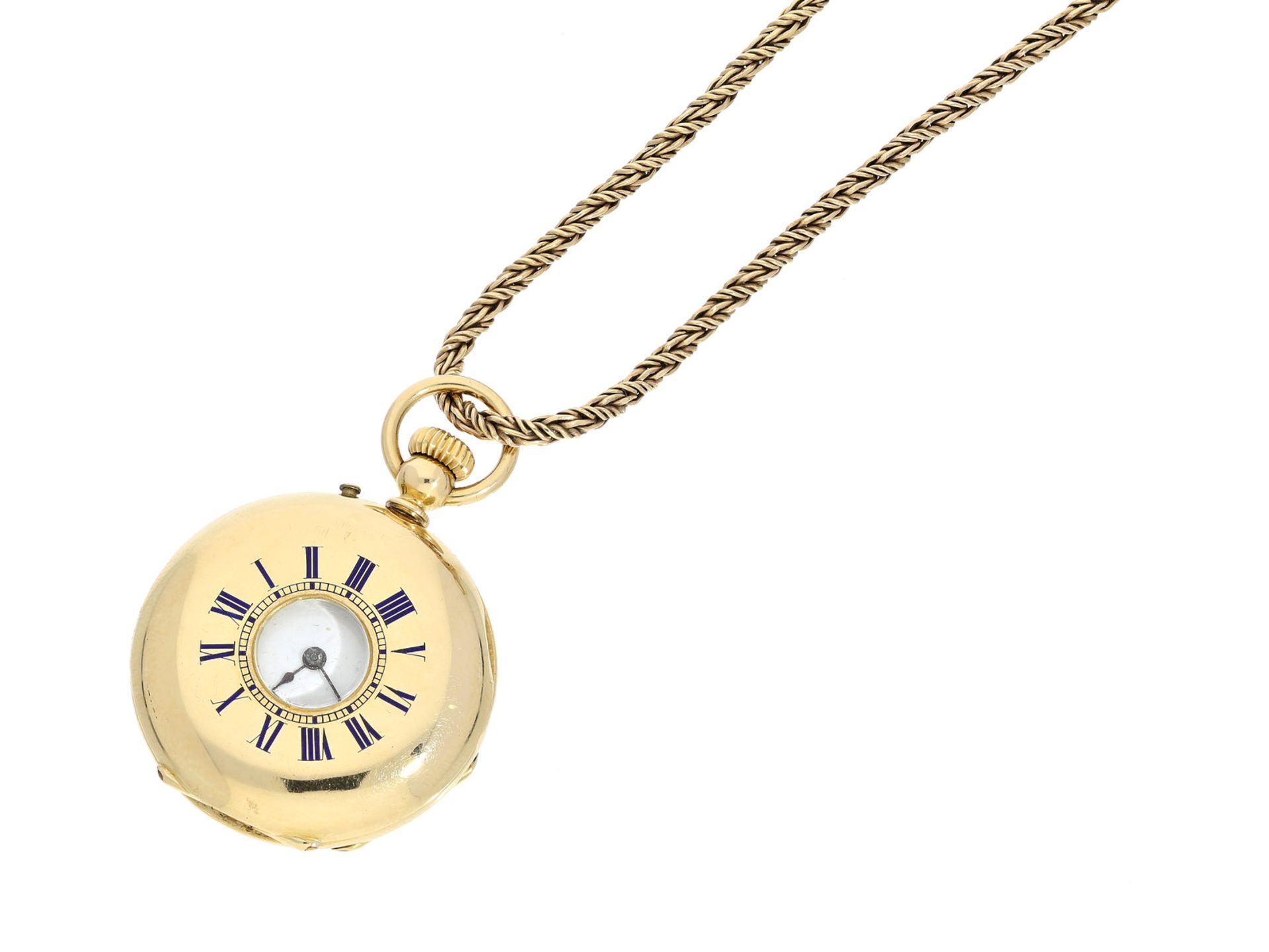 Taschenuhr/Anhängeruhr: hochwertige Damen-Halbsavonette mit Diamantbesatz, dazu lange goldene