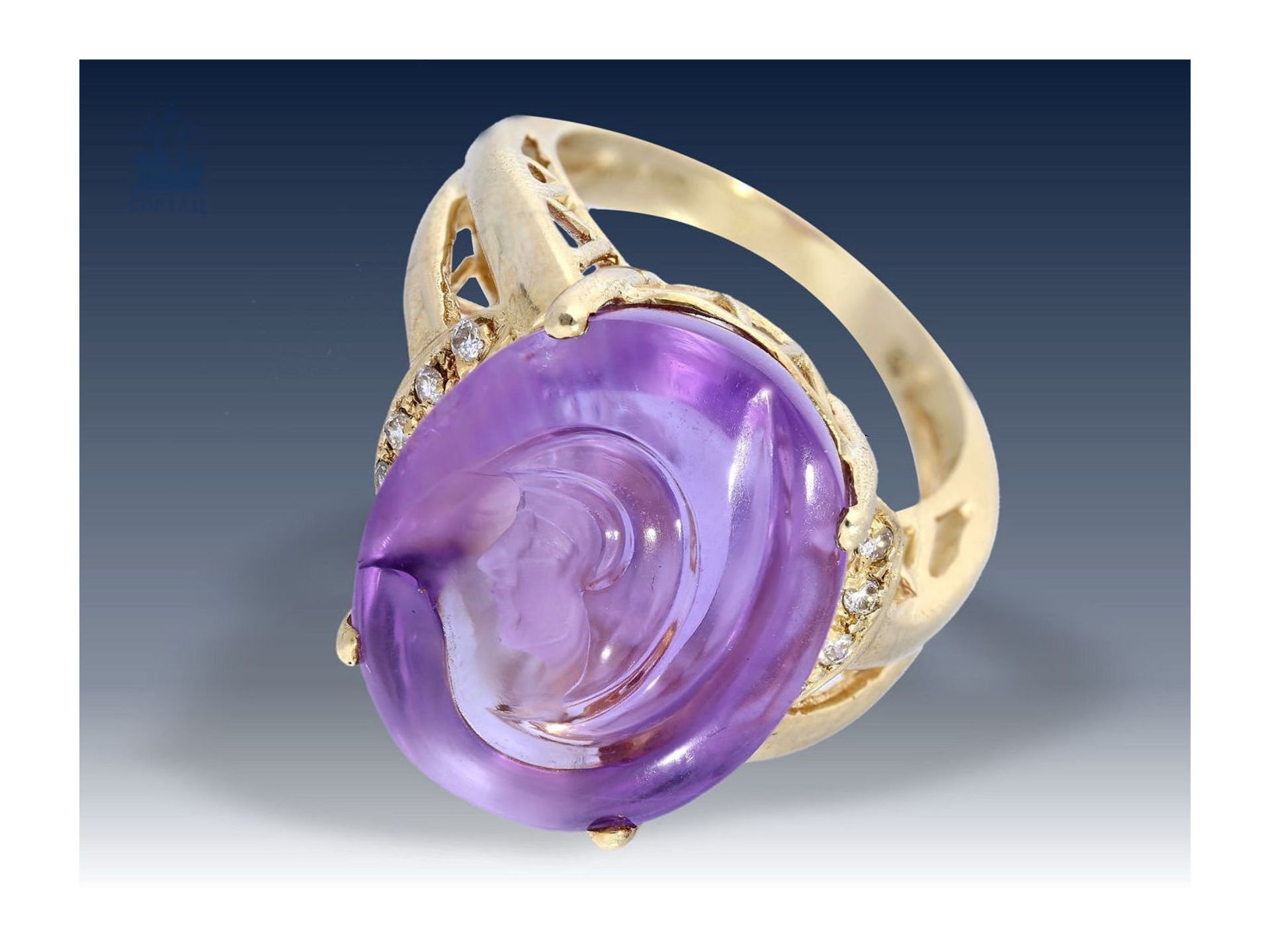 Ring: dekorativer, außergewöhnlicher Goldschmiedering mit Amethyst-GemmeCa. Ø17,5mm, RG55, ca. - Bild 2 aus 2