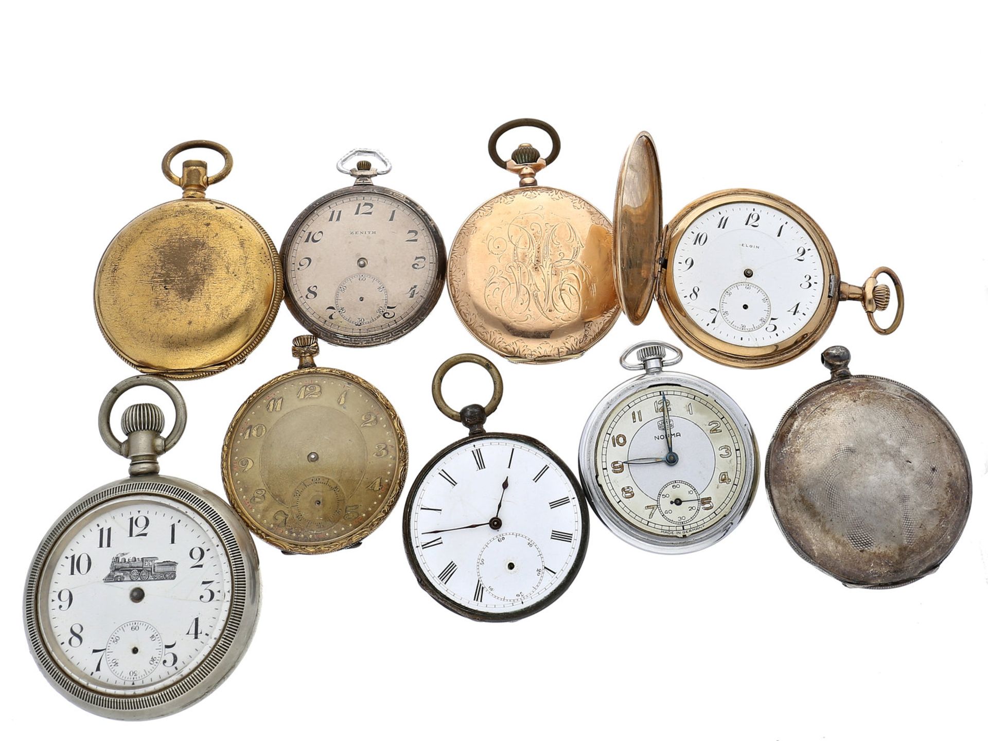 Taschenuhren: Konvolut alter Taschenuhren, ca.1870-1940, teilweise defekt9 Stück, unterschiedliche