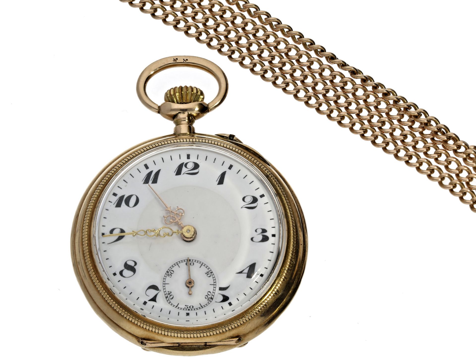 Taschenuhr/Kette: goldene, deutsche Taschenuhr/Halsuhr mit außergewöhnlich langer Goldkette, D.A.