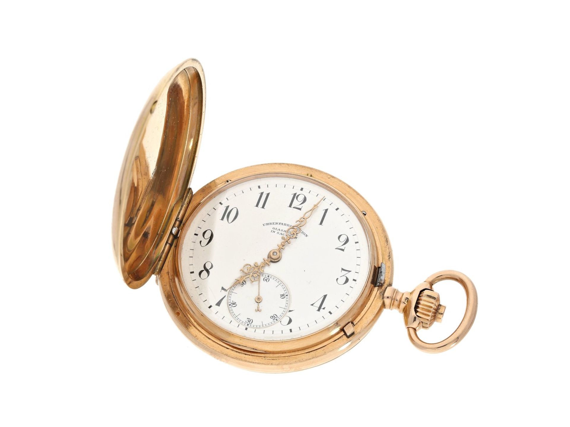 Taschenuhr: feine rotgoldene Savonnette, Uhrenfabrik Union Glashütte, um 1900Ca. Ø50mm, ca. 85g, 14K