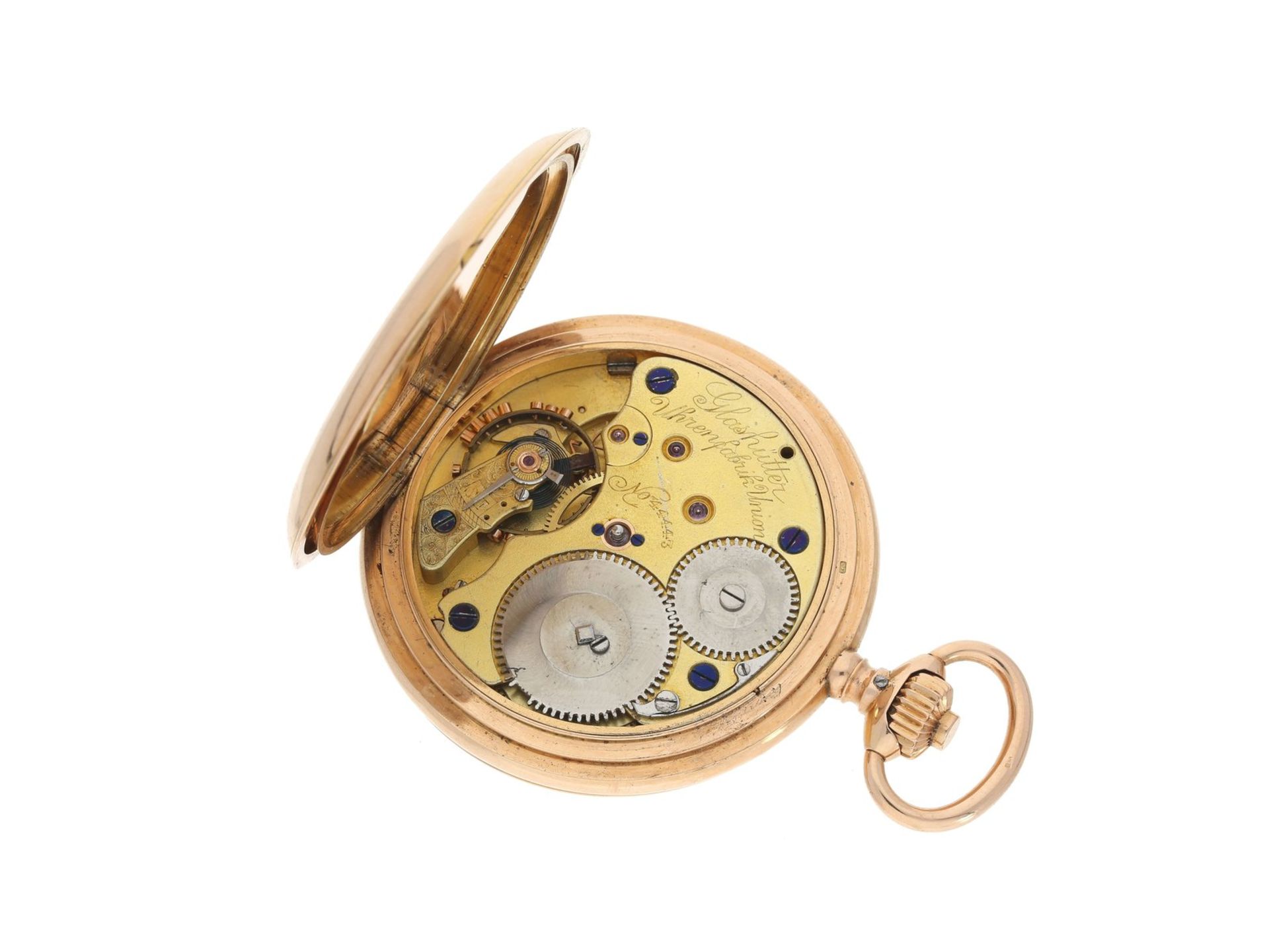 Taschenuhr: feine rotgoldene Savonnette, Uhrenfabrik Union Glashütte, um 1900Ca. Ø50mm, ca. 85g, 14K - Bild 3 aus 3