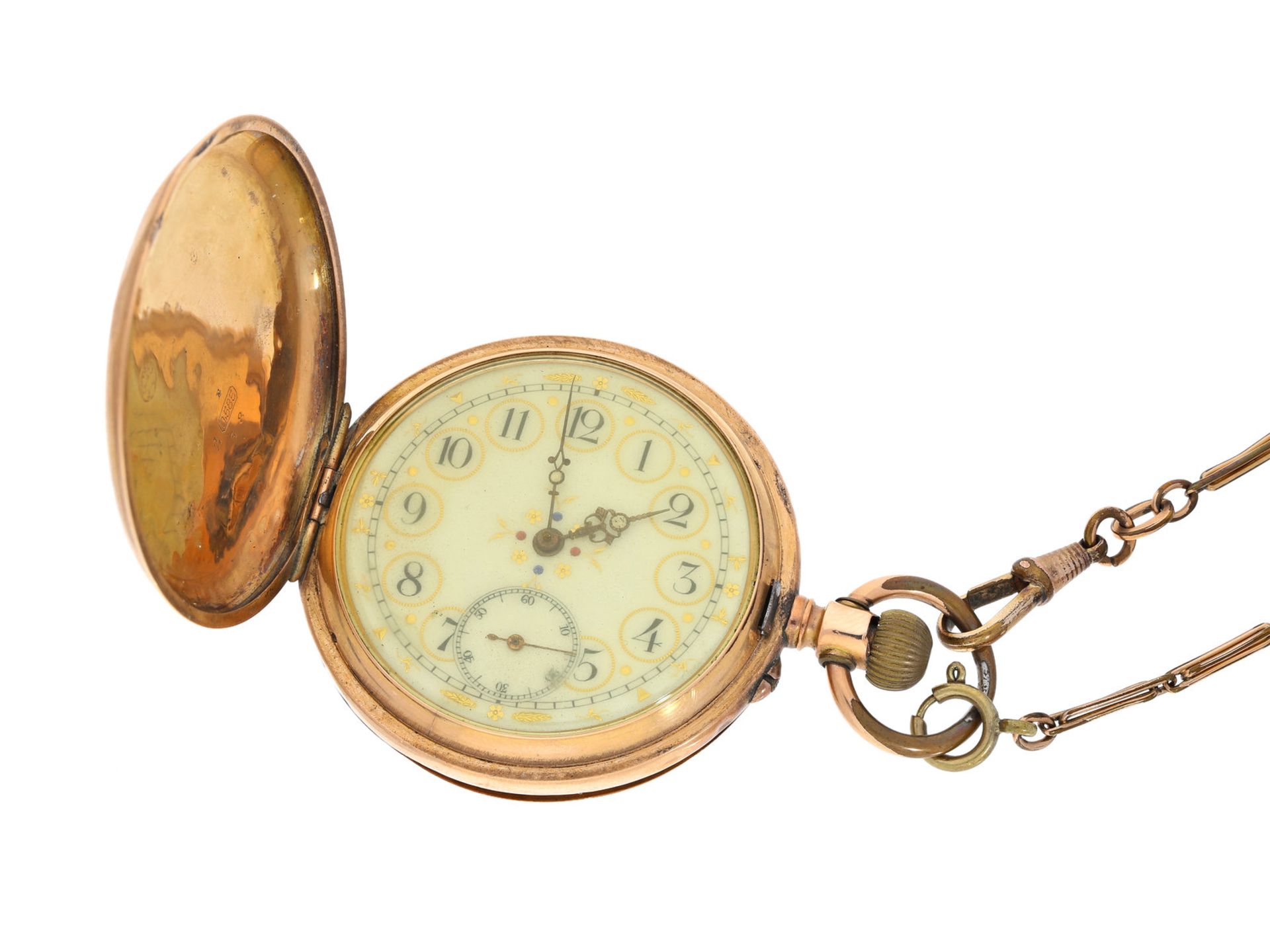 Taschenuhr: rotgoldene Savonnette, um 1915Ca. Ø50mm, ca. 83g, 14K Rotgold, Staubdeckel Metall,