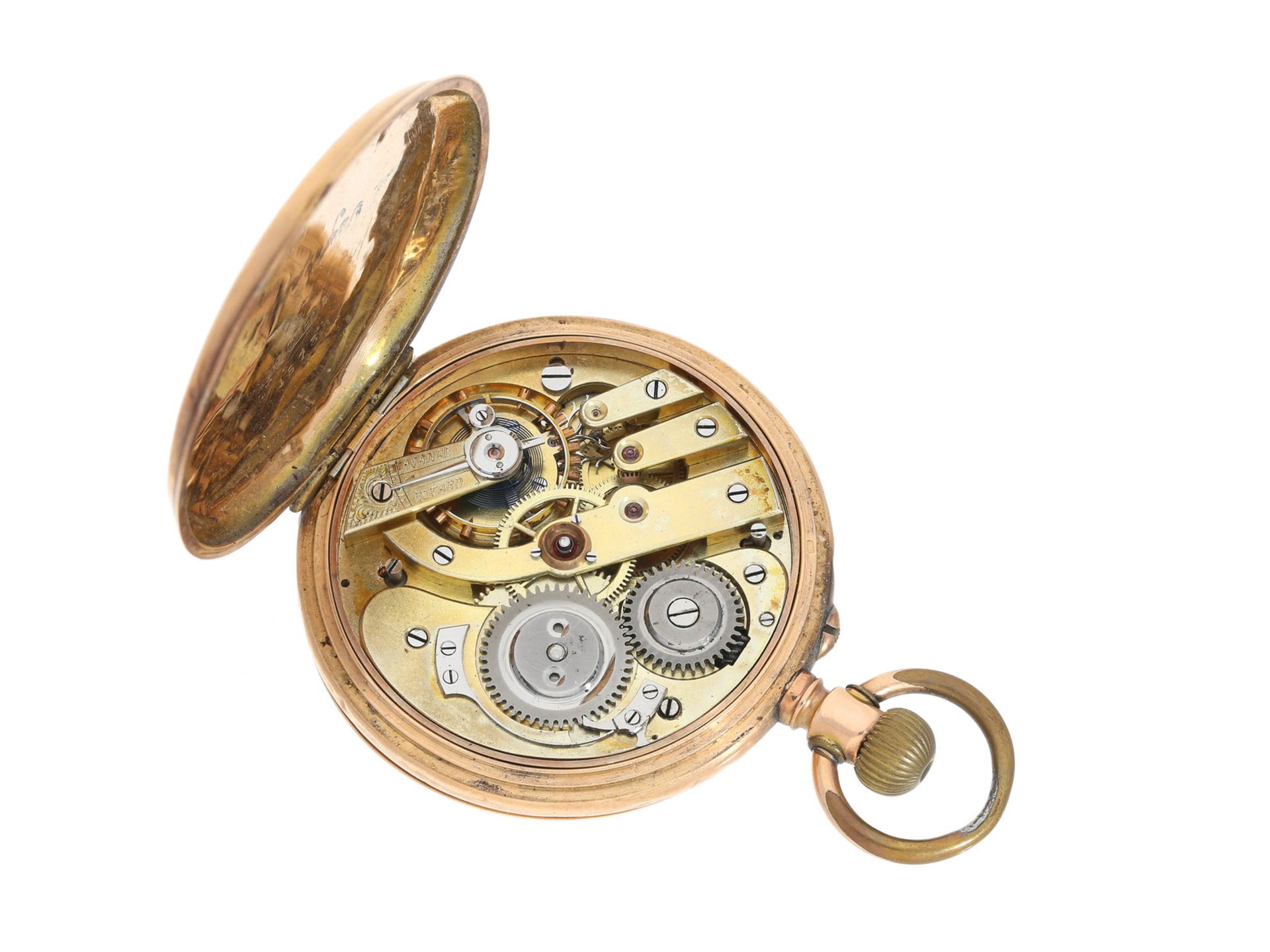 Taschenuhr: rotgoldene Savonnette, um 1915Ca. Ø50mm, ca. 83g, 14K Rotgold, Staubdeckel Metall, - Bild 2 aus 2