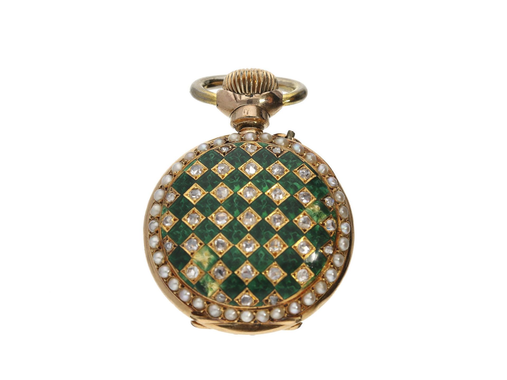 Taschenuhr/Anhängeuhr/Broschenuhr: hochfeine Art Nouveau Emaille-Uhr mit Perlen-und Diamantbesatz, - Bild 3 aus 3