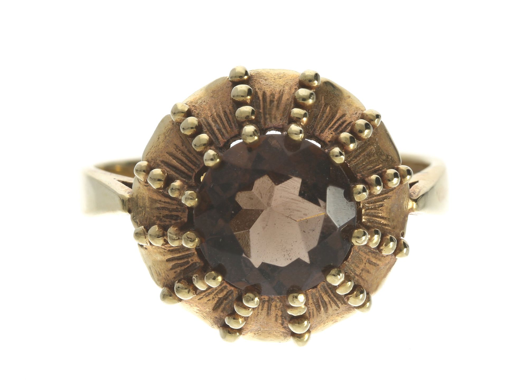 Ring: ungetragener, dekorativer vintage Goldschmiedering mit RauchquarzCa. Ø17mm, RG53, ca. 4,1g,