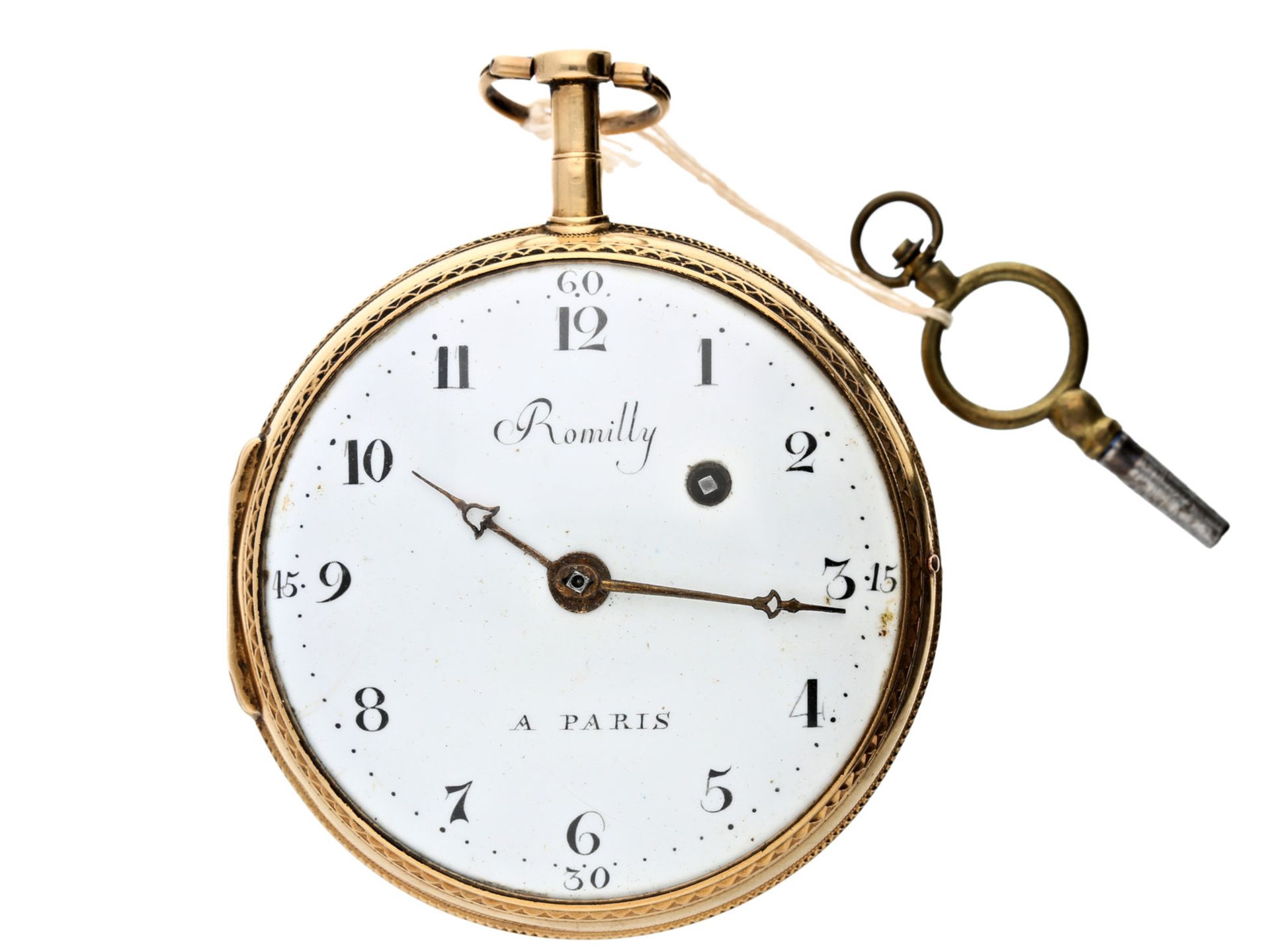 Taschenuhr: große und schwere französische Spindeluhr, um 1800,18K Gold, Romilly a Paris No. 4582Ca.