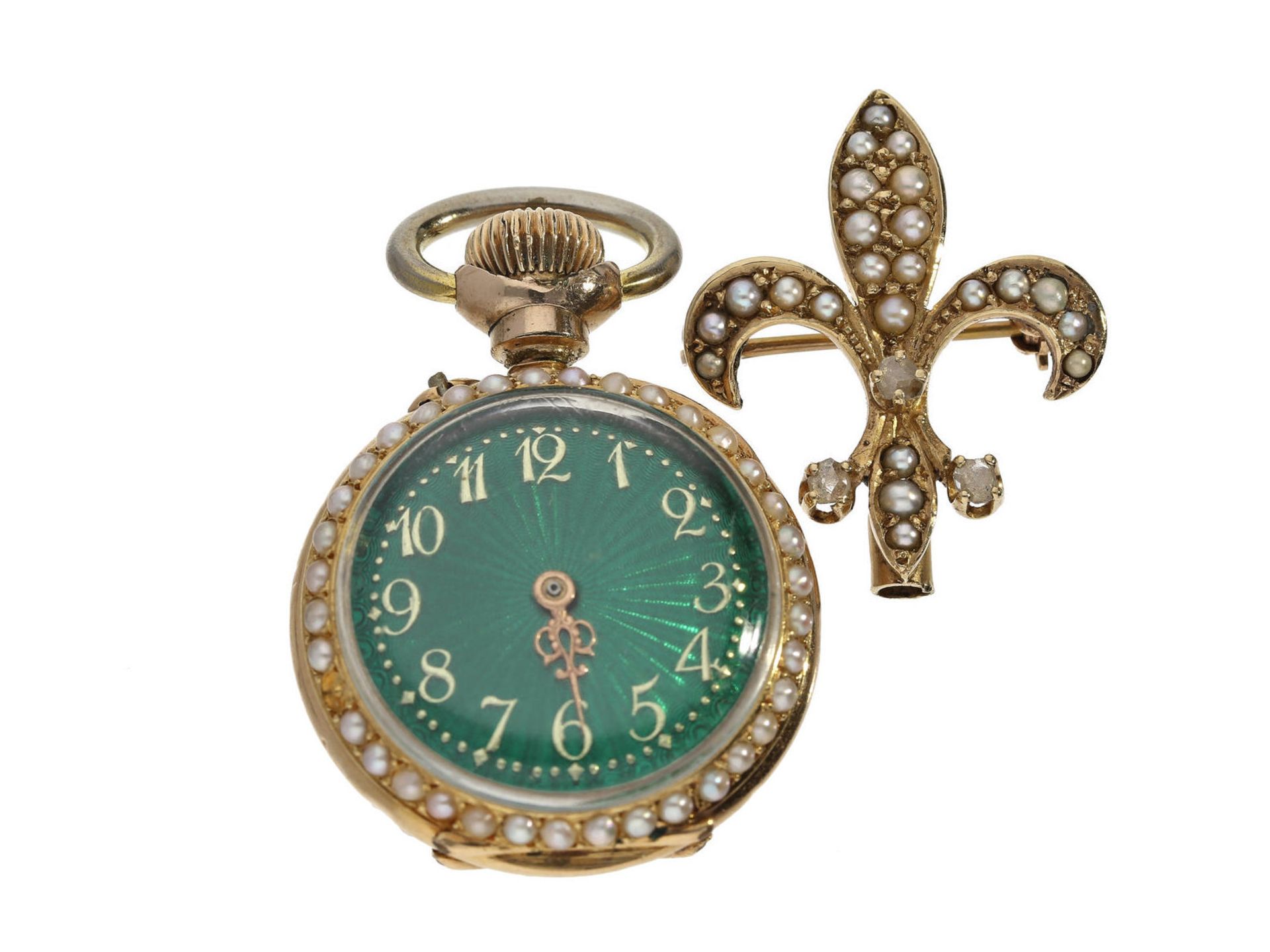 Taschenuhr/Anhängeuhr/Broschenuhr: hochfeine Art Nouveau Emaille-Uhr mit Perlen-und Diamantbesatz,