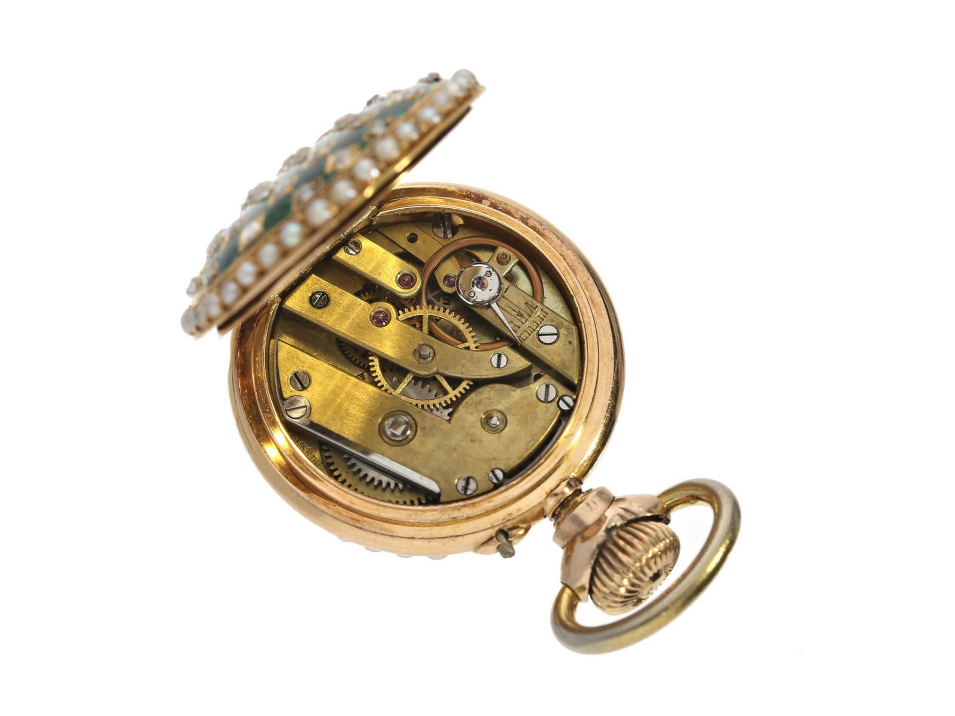 Taschenuhr/Anhängeuhr/Broschenuhr: hochfeine Art Nouveau Emaille-Uhr mit Perlen-und Diamantbesatz, - Bild 2 aus 3