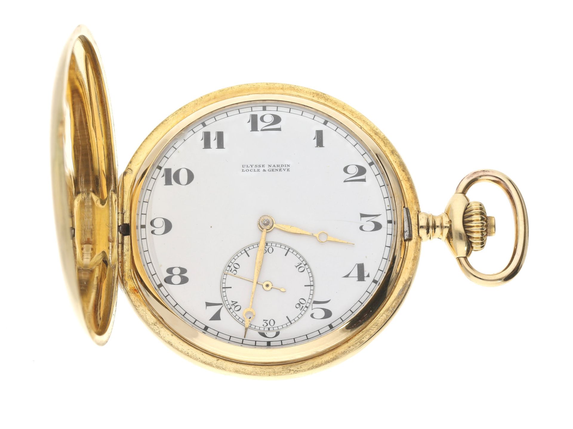 Taschenuhr: hochwertige Ulysse Nardin Goldsavonnette, um 1915Ca. Ø52mm, ca. 91g, 18K Gold,