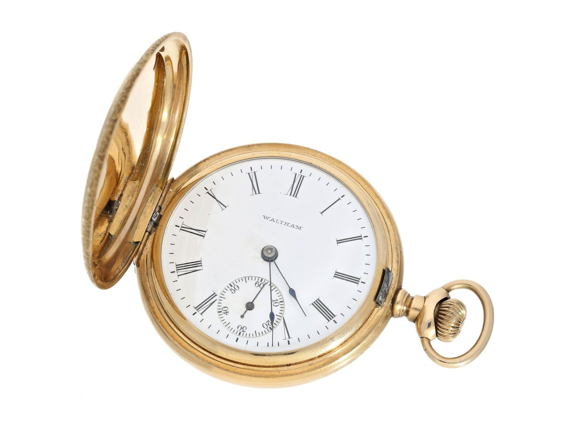 Taschenuhr: schwere amerikanische Goldsavonnette, Marke WalthamCa. Ø52mm, ca. 109g, 14K Gold,