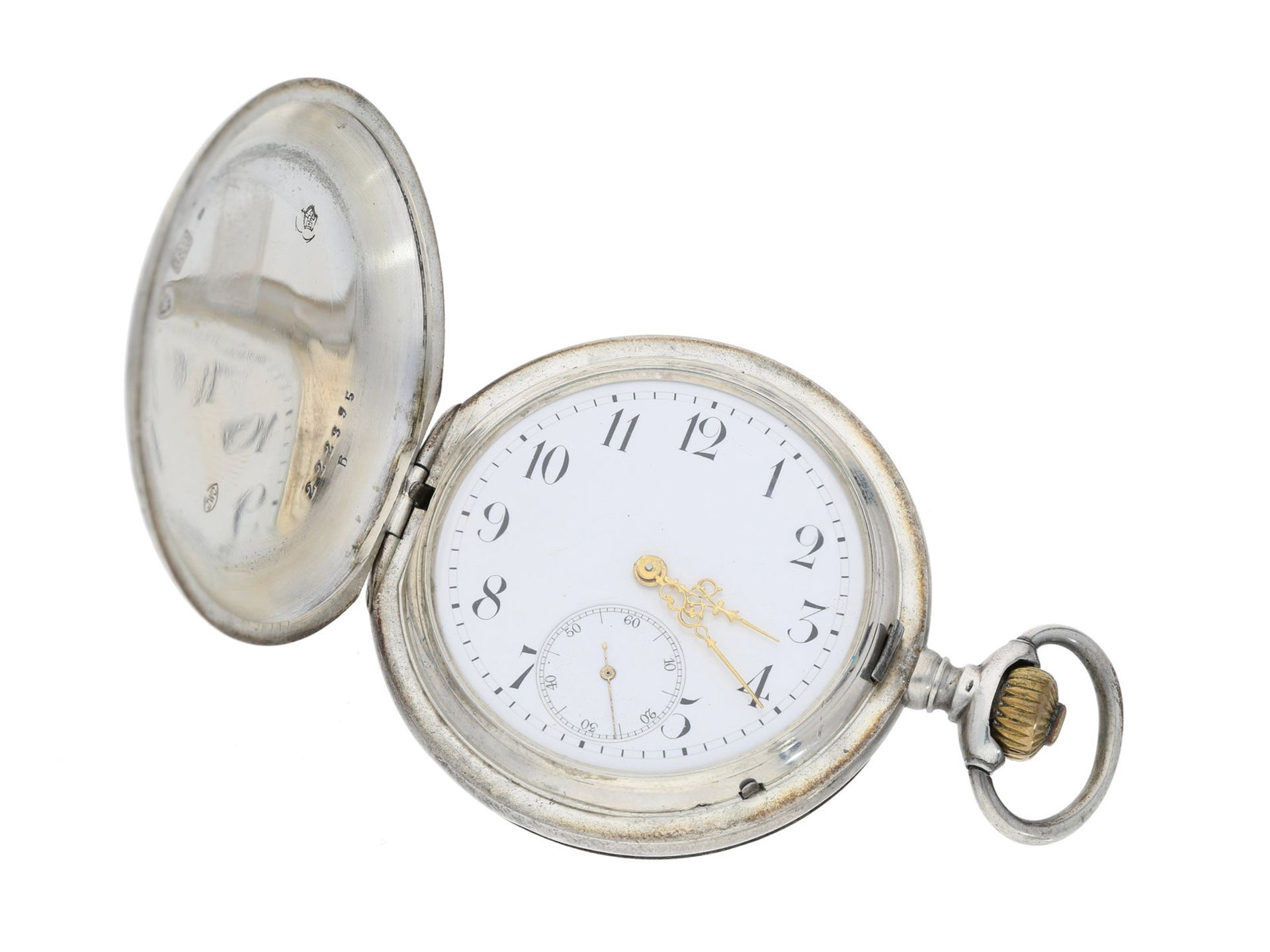 Taschenuhr: silberne Savonnette der Marke IWC, aus dem Jahr 1900, mit StammbuchauszugCa. Ø52,5mm,