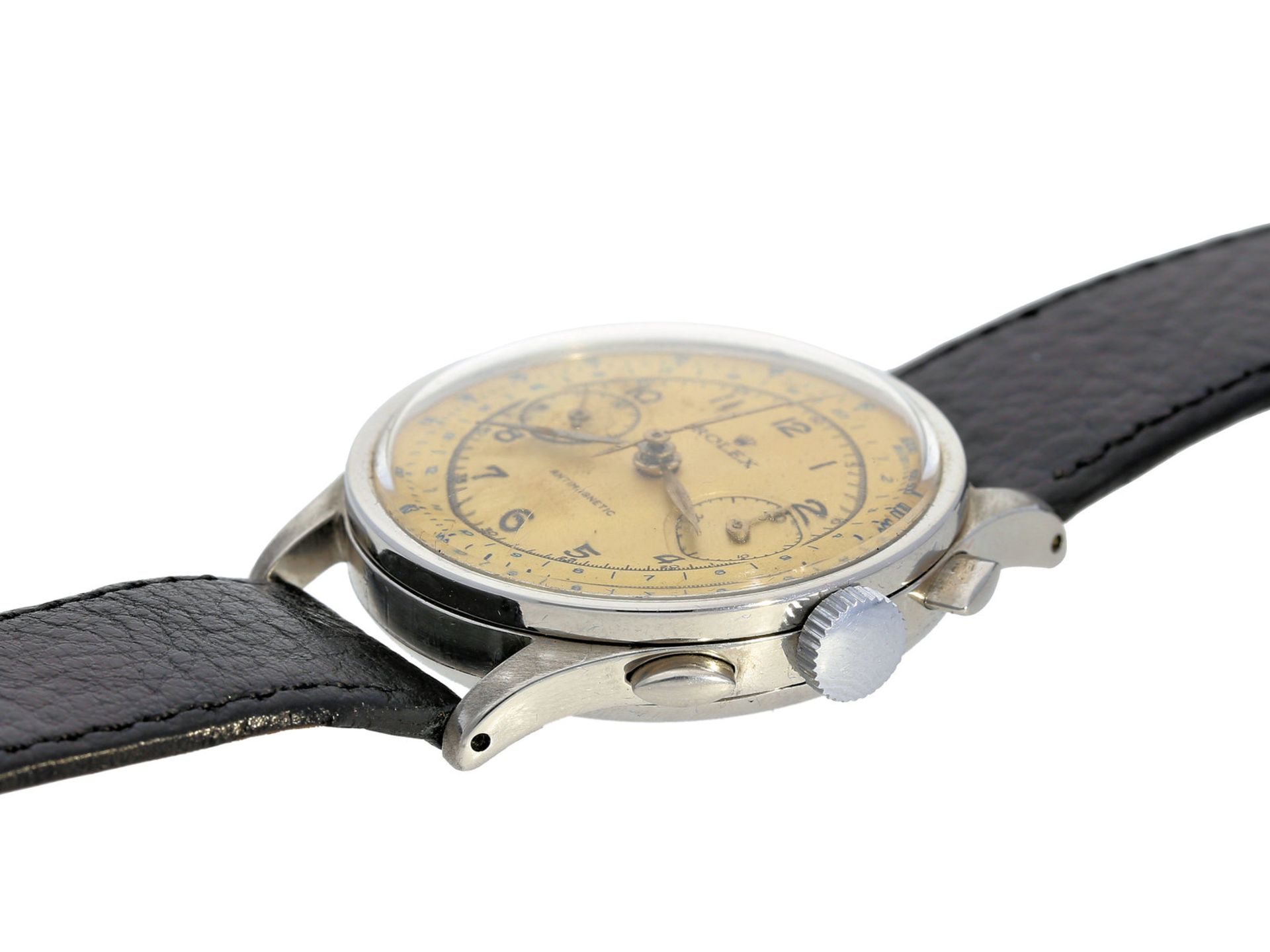 Armbanduhr: ganz früher Chronograph mit ovalen Drückern, vermutlich Rolex Ref.2508 "37,5mm-oversize" - Bild 2 aus 3